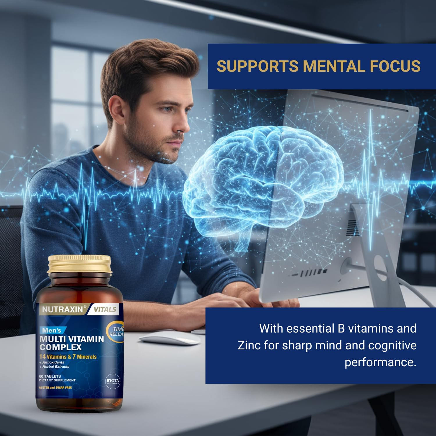 Nutraxin Hommes Multivitamine – étiquette sans colorants artificiels et gluten.