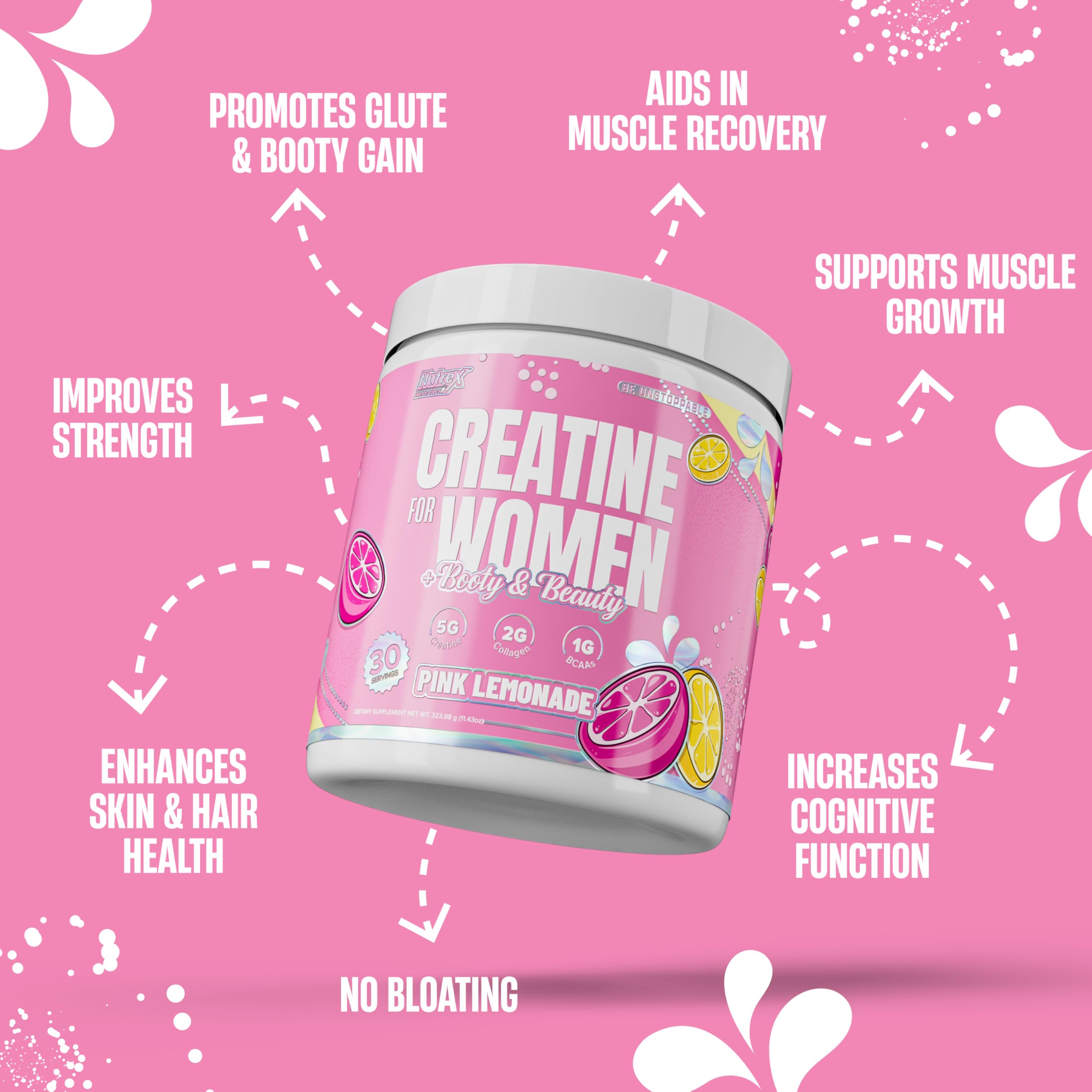 Nutrex Research Creatine pour femmes, collagène et BCAA, soutient potentiellement les muscles et les articulations.