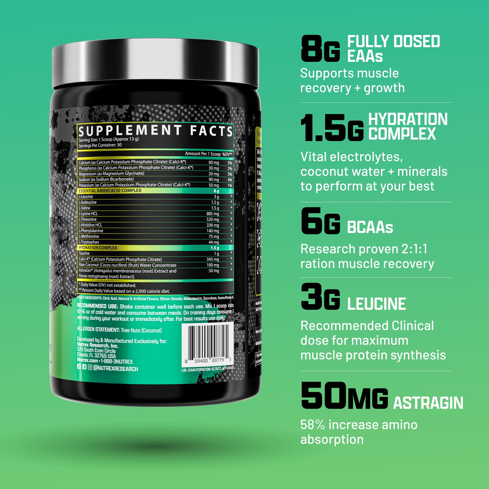 Nutrex EAA Hydration poudre Maui Twist soutient croissance musculaire et récupération.