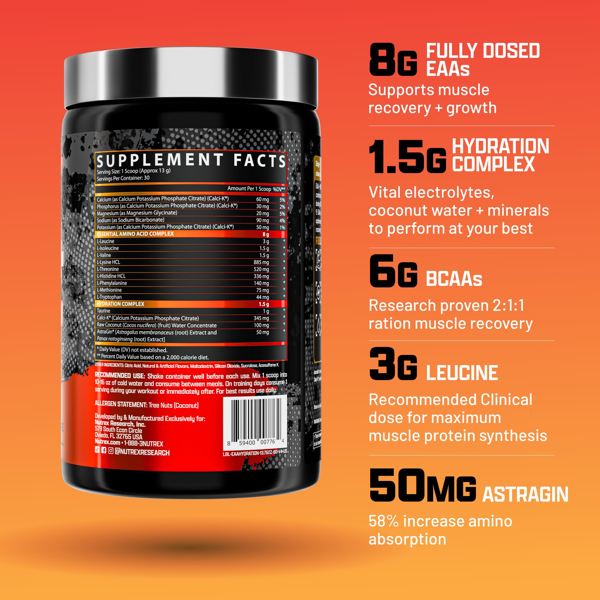 Nutrex EAA Hydration, poudre orange sanguine, mélange facile dans l'eau.