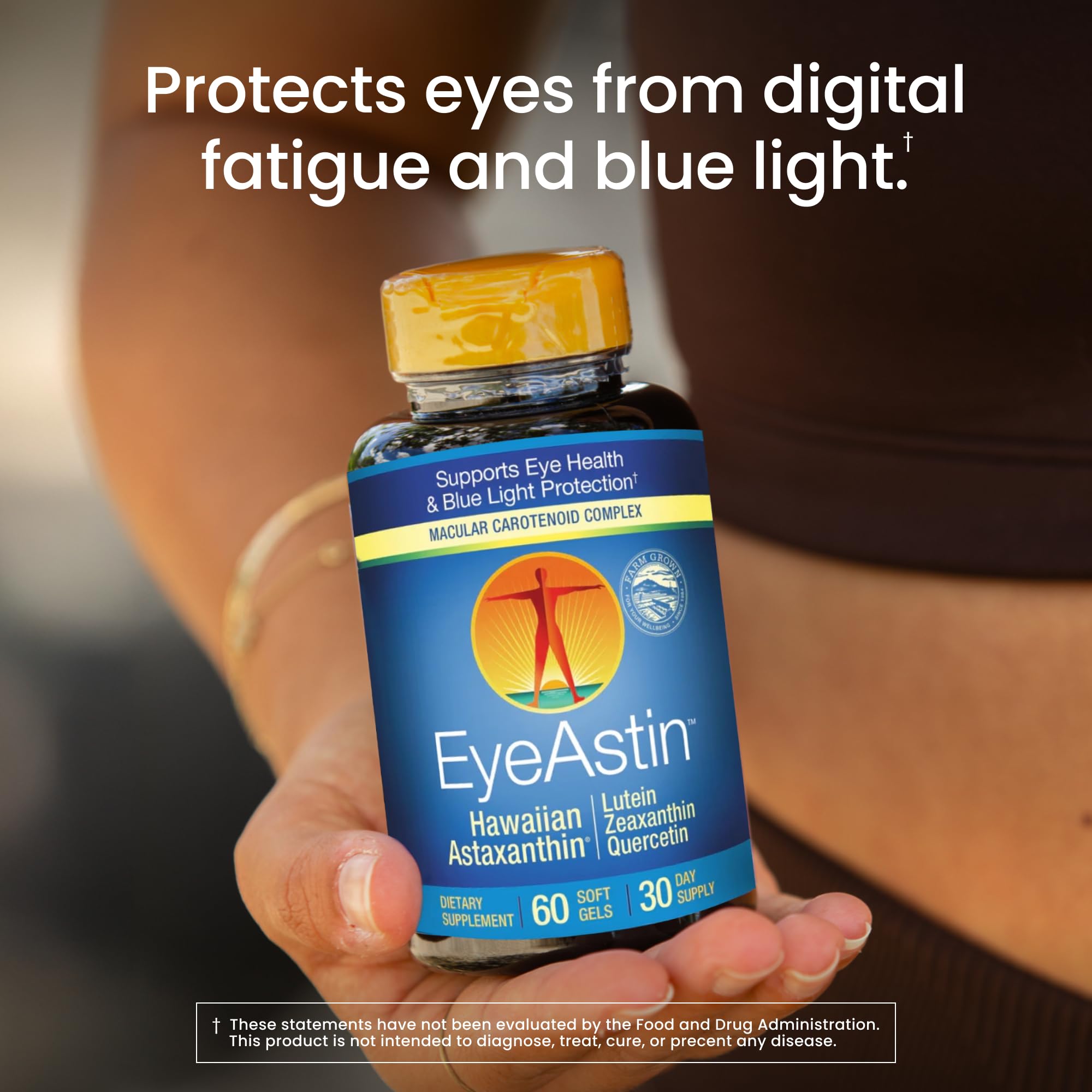 Étiquette EyeAstin mettant en avant Lutéine et Zéaxanthine pour la vision.