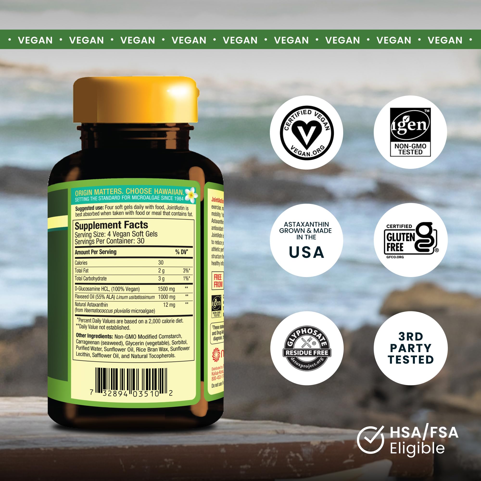 JointAstin, gélules Nutrex Hawaii, formulation riche en astaxanthine et glucosamine.