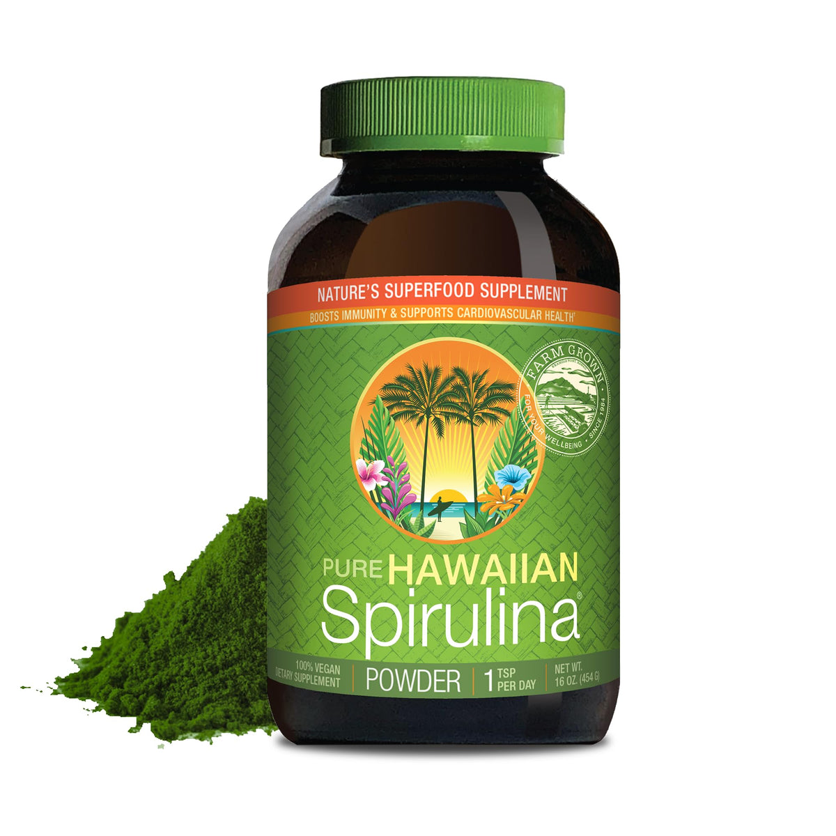 Nutrex Hawaii Poudre Spiruline Hawaienne emballage montre une source pure et sans OGM