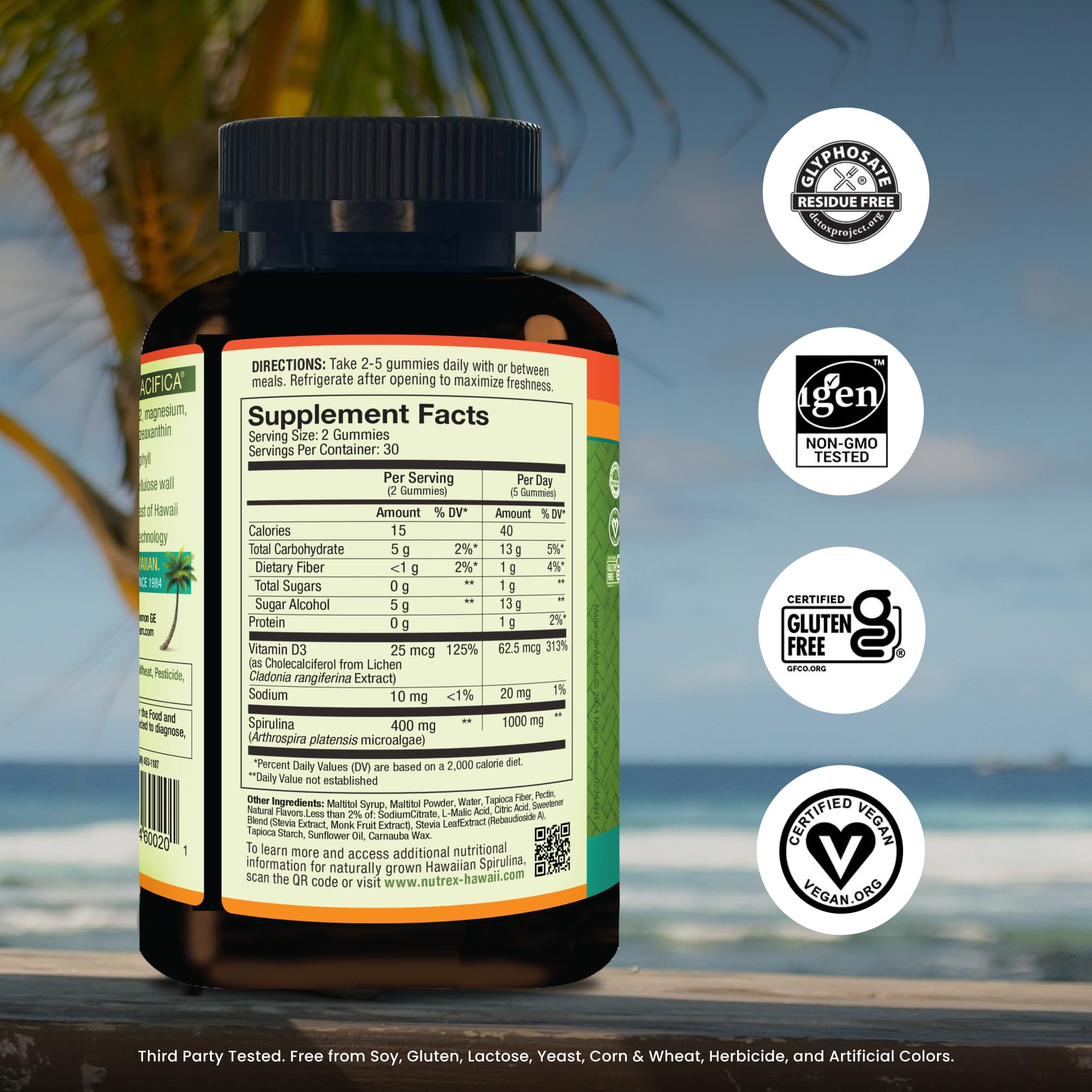 Nutrex Hawaii Bonbons spiruline vegan avec D3, énergie naturelle soutenue.