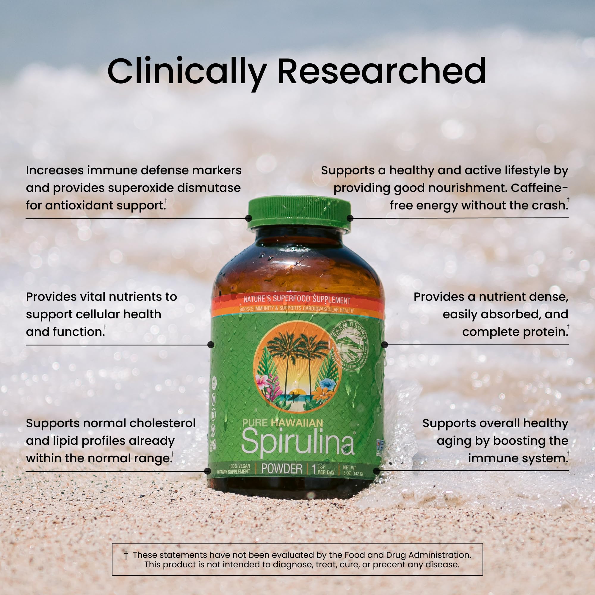 Pot transparent Nutrex Hawaii Spiruline hawaienne, conserve fraîcheur et pureté.