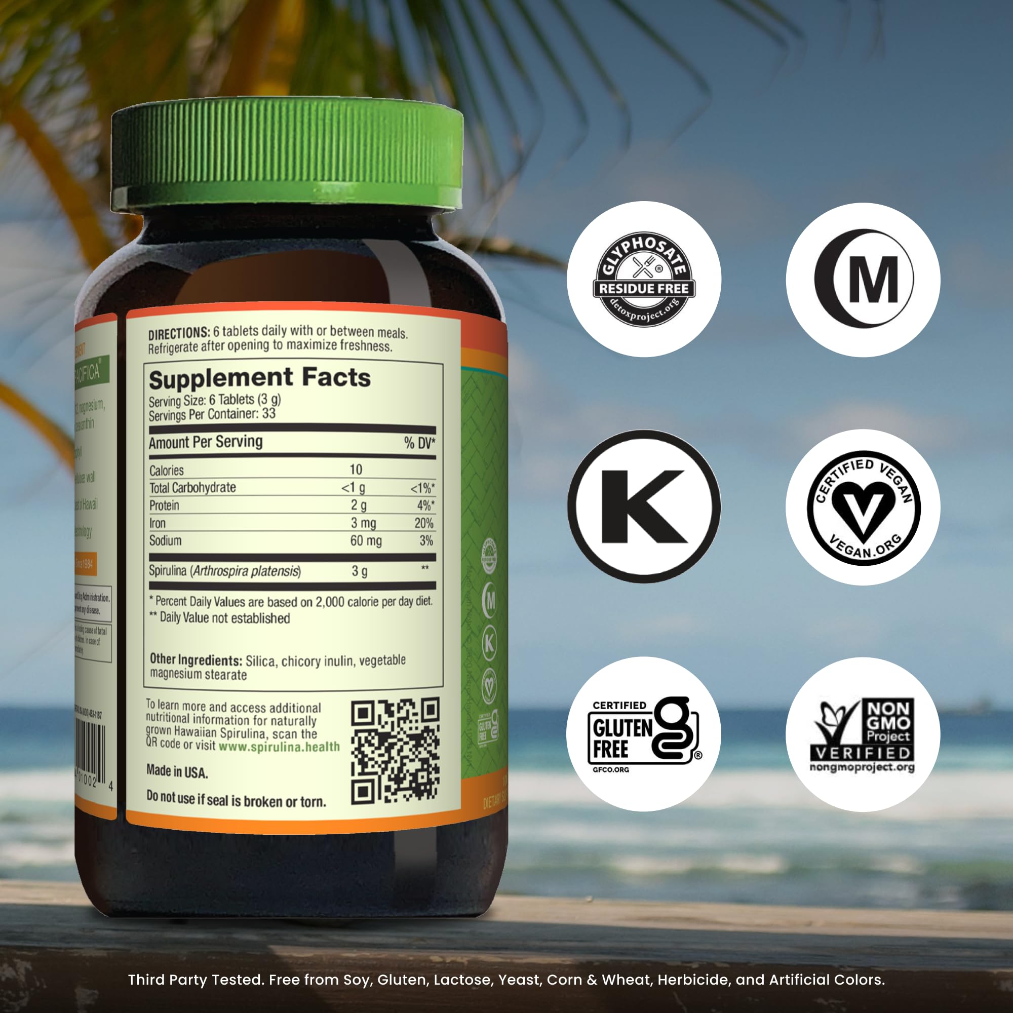 Nutrex Hawaii Spiruline – premier plan sur les pilules 500 mg, couleur naturelle.