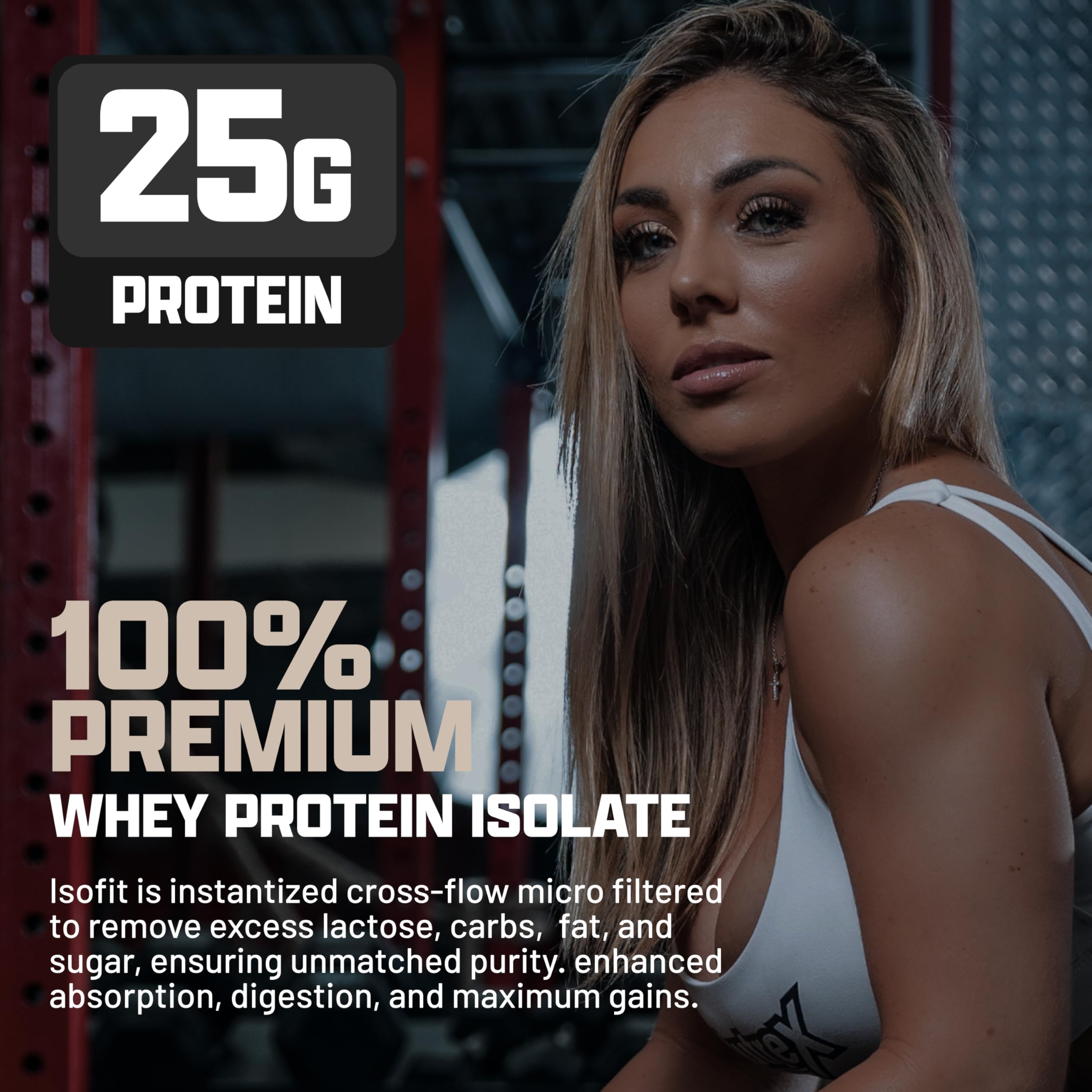 Poudre isolat Nutrex IsoFit prête à mélanger dans eau ou lait.