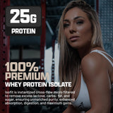 Poudre isolat Nutrex IsoFit prête à mélanger dans eau ou lait.