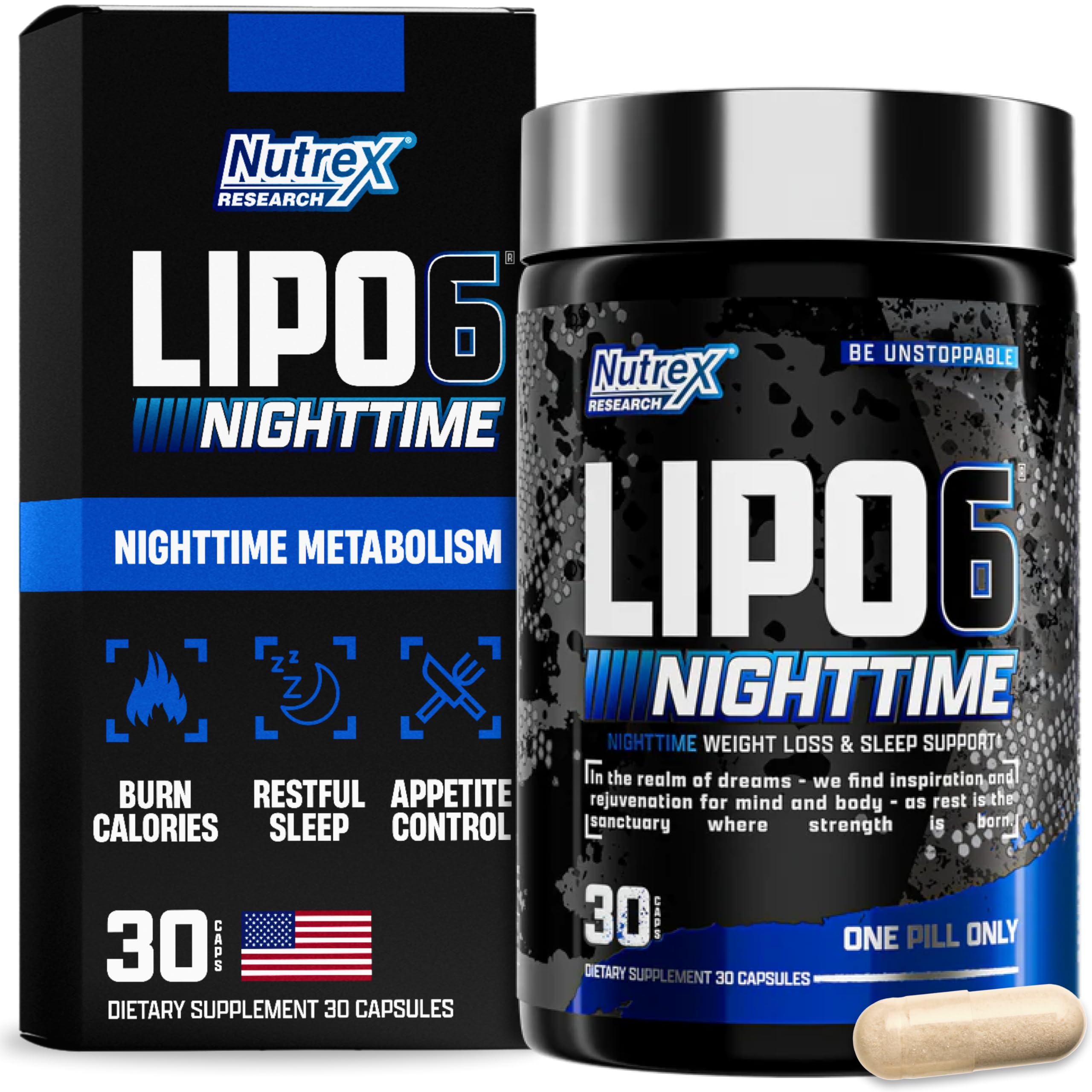 Nutrex Lipo-6 Nuit – bouteille visible, soutien potentiel du métabolisme nocturne.