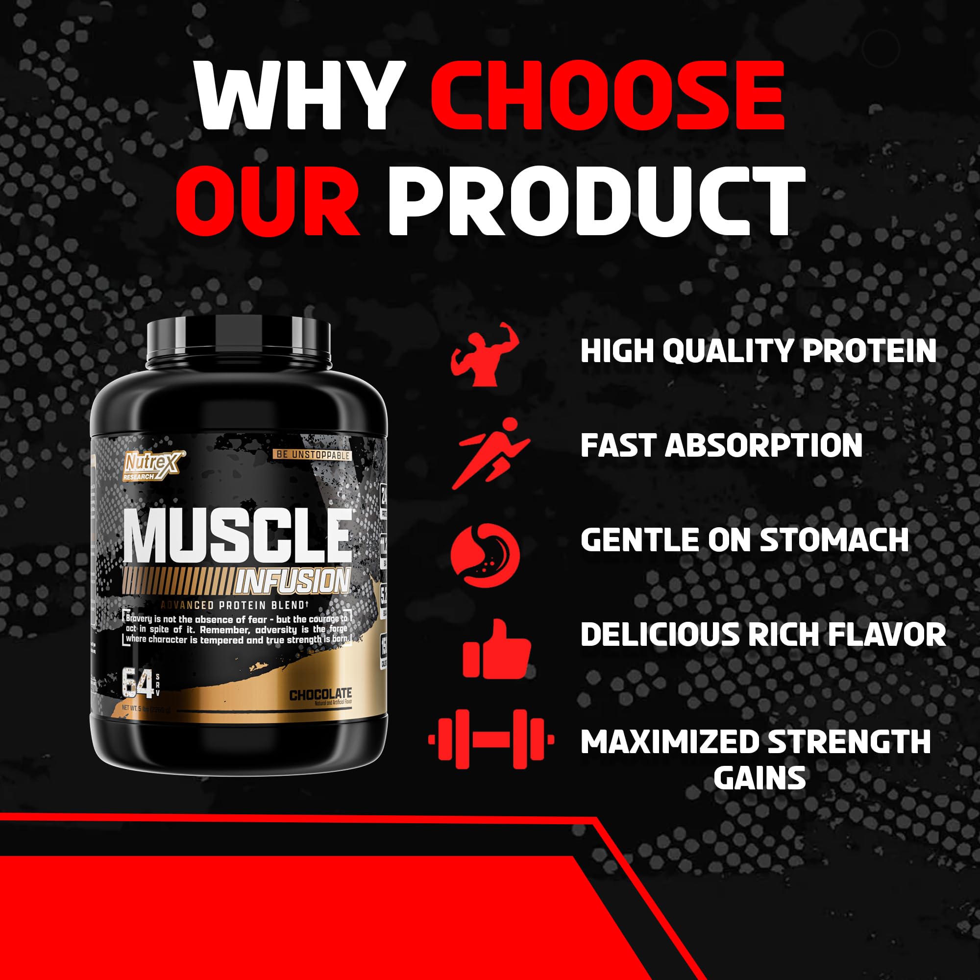 Nutrex Muscle Infusion etiquette-produit, emballage clair indiquant portions et nutrition.