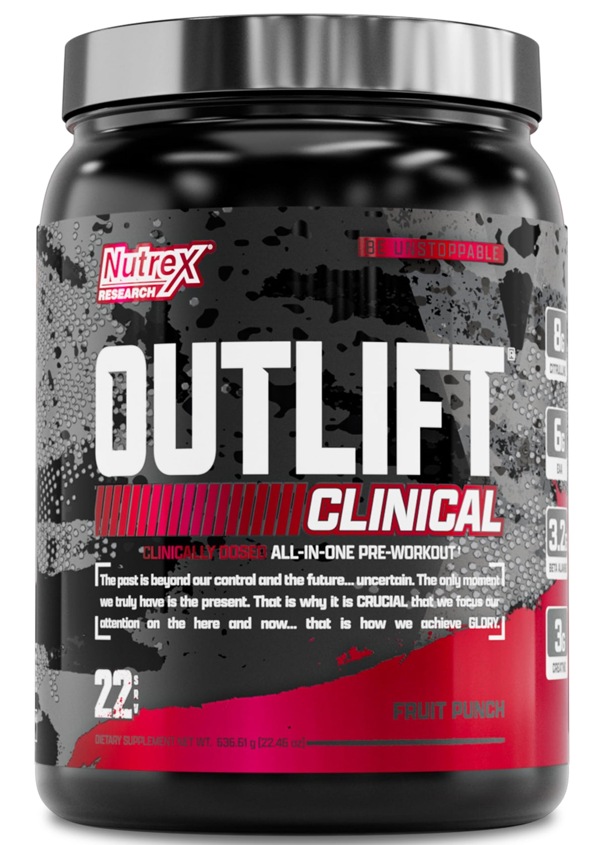 Nutrex Outlift pré-entraînement, pot et étiquette visibles, parfait pour préparer votre séance en salle.