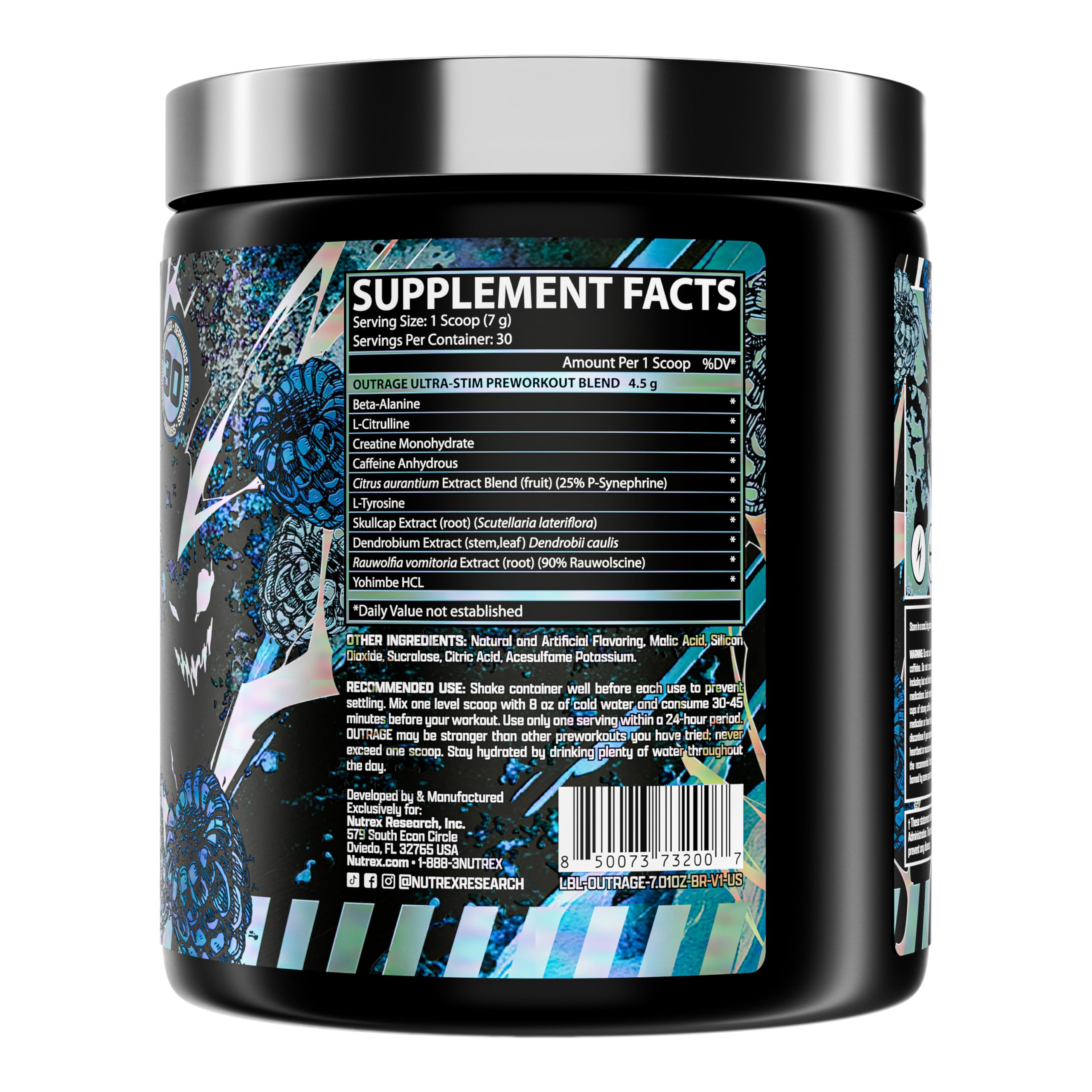 Nutrex Outrage Ultra Pre-Workout, emballage clair avec informations sur caféine et ingrédients clés.