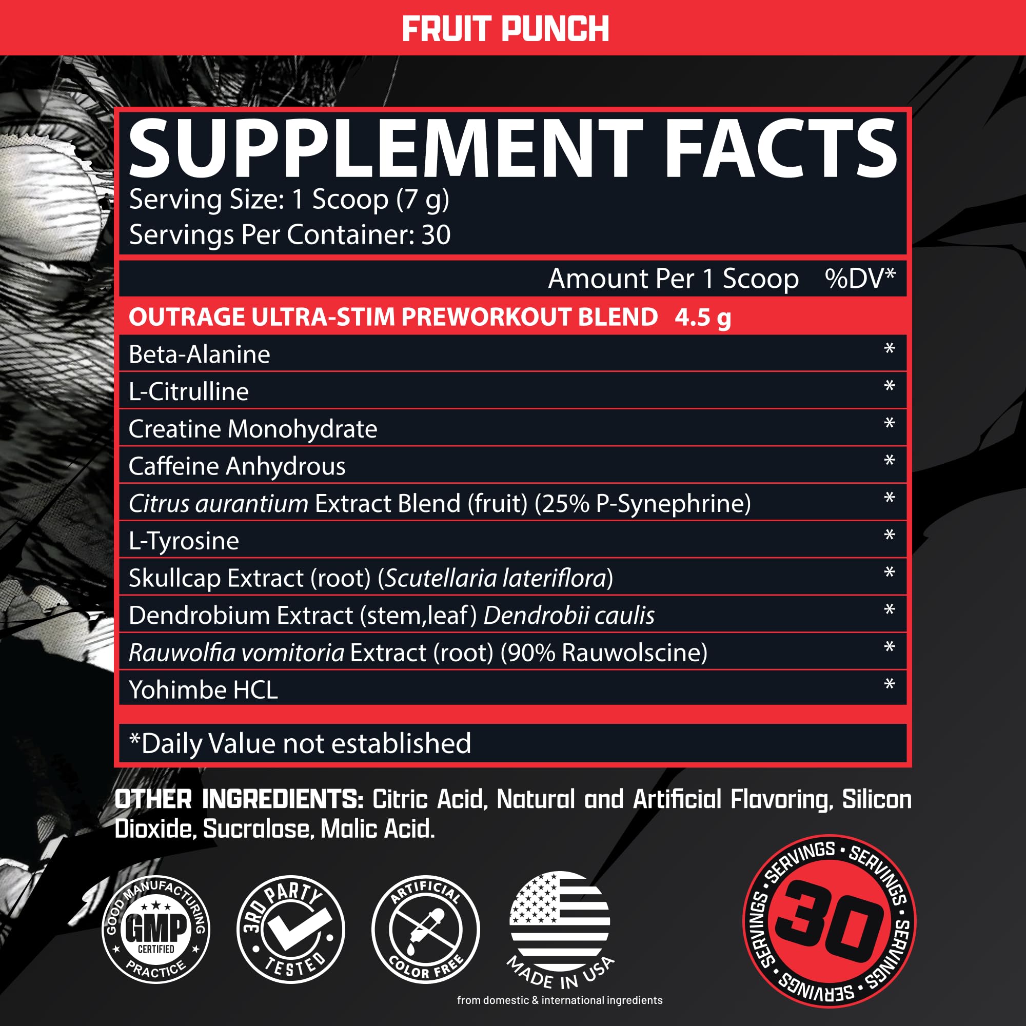 Nutrex Outrage poudre pré-entraînement favorise les pompes et la concentration.