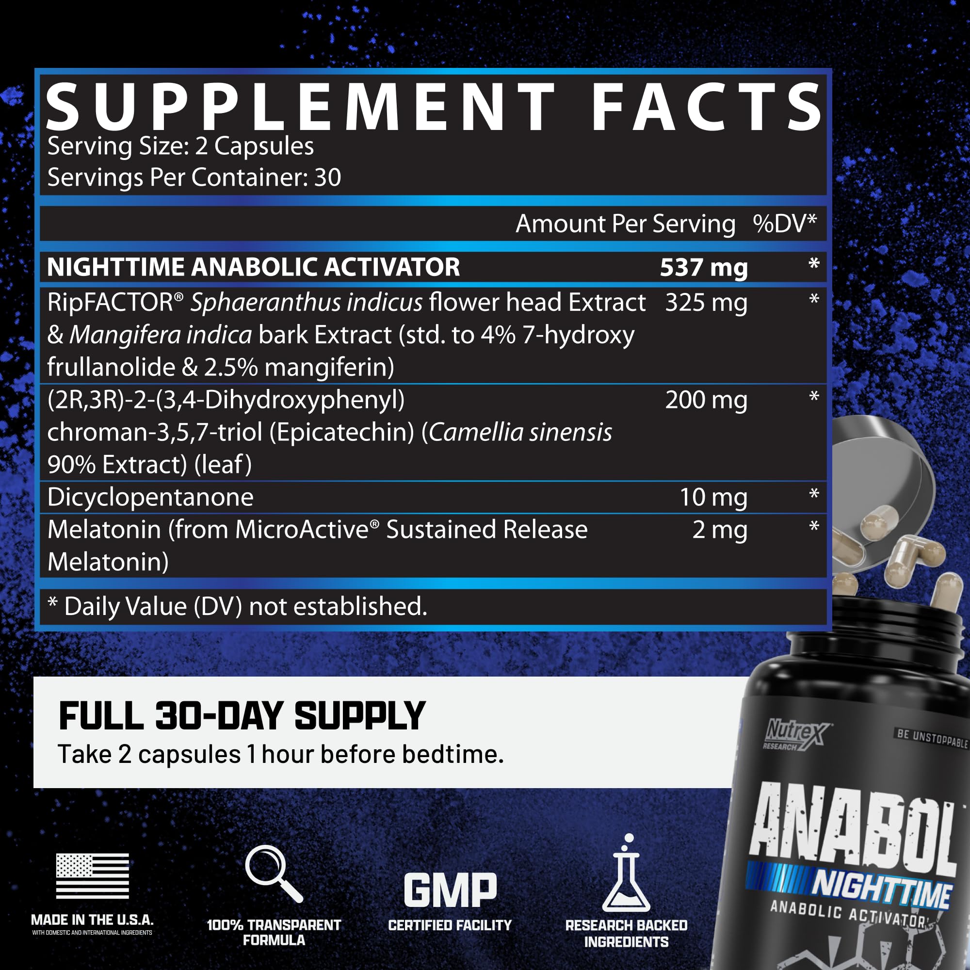 Nutrex Anabol PM emballage clair, image décrivant récupération et sommeil.