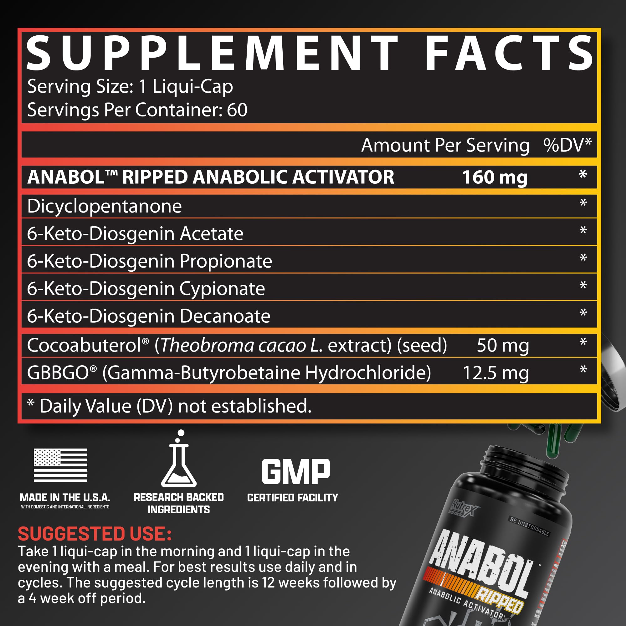 Nutrex Research Anabol Ripped : étiquette rappelant les avantages potentiels