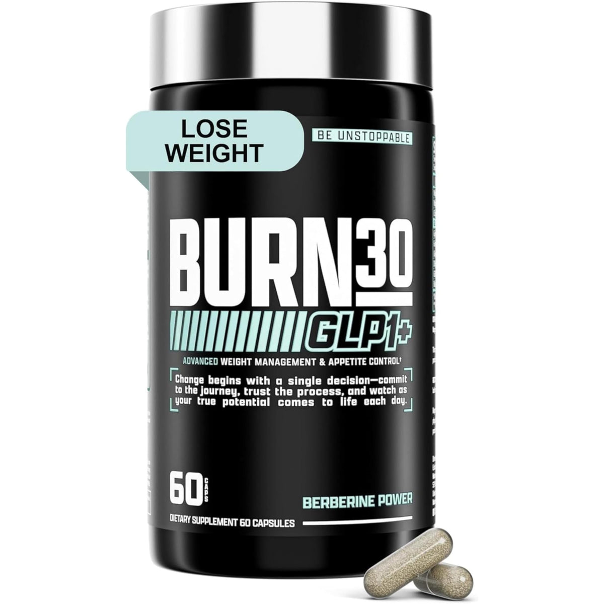 Nutrex Research Burn30 GLP-1 – bouteille montrant l'étiquette, soutien potentiel à la satiété.