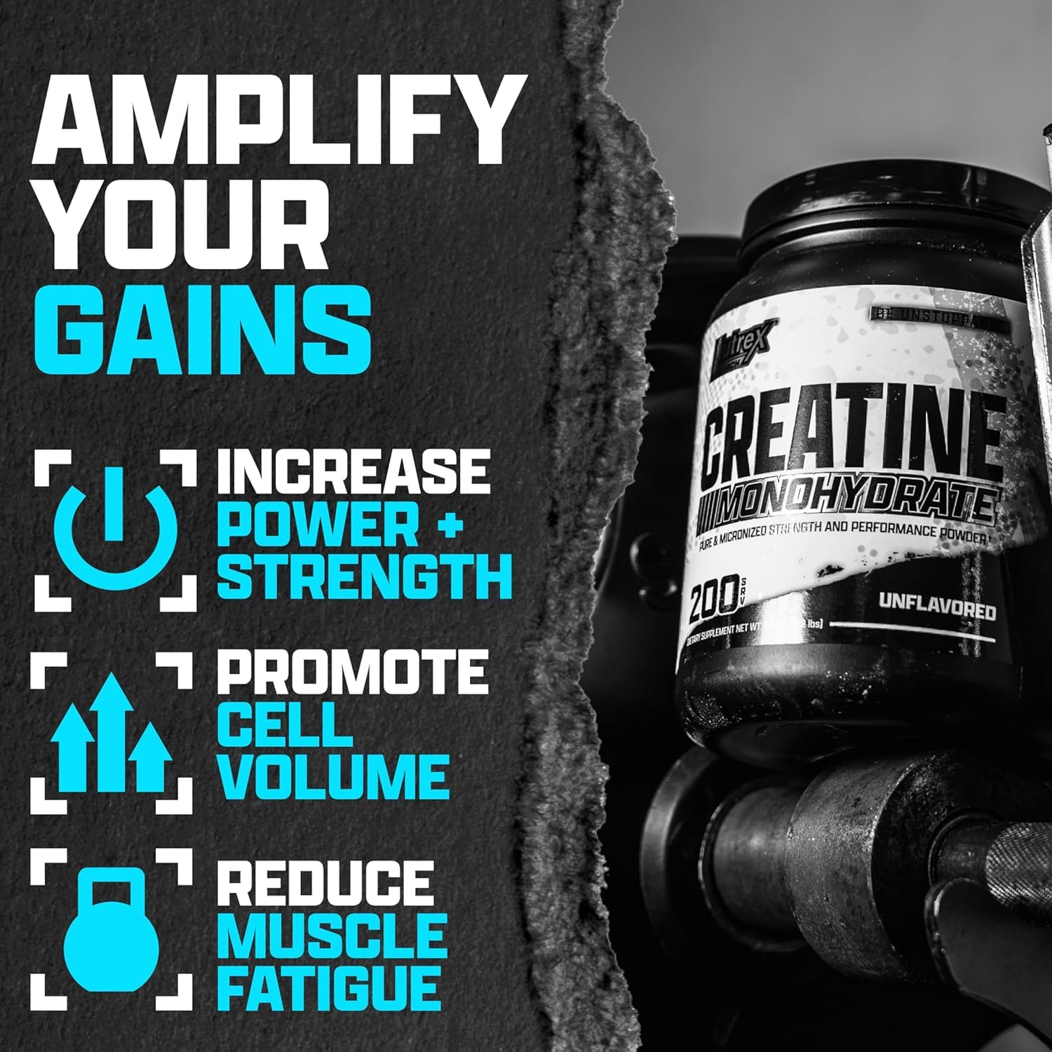 Nutrex Research Créatine Monohydrate dose de 5 g pour des sessions plus intenses.