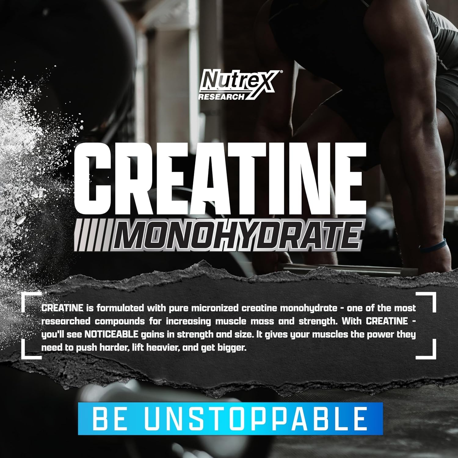 Nutrex Research Créatine Monohydrate version micronisée améliore absorption et récupération.