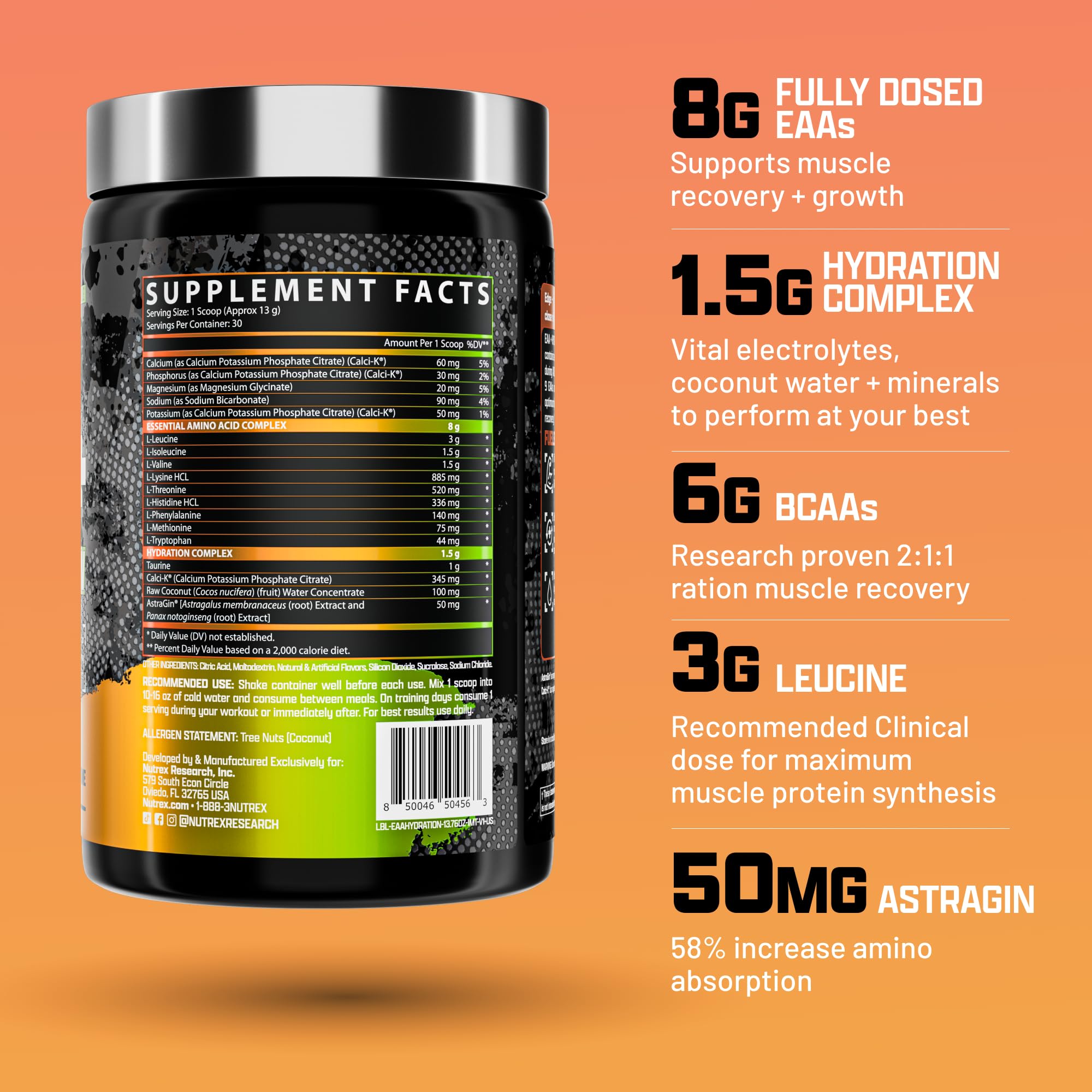 Nutrex Research EAA Hydration Mango, doseur visible et mélange rapide sans résidu