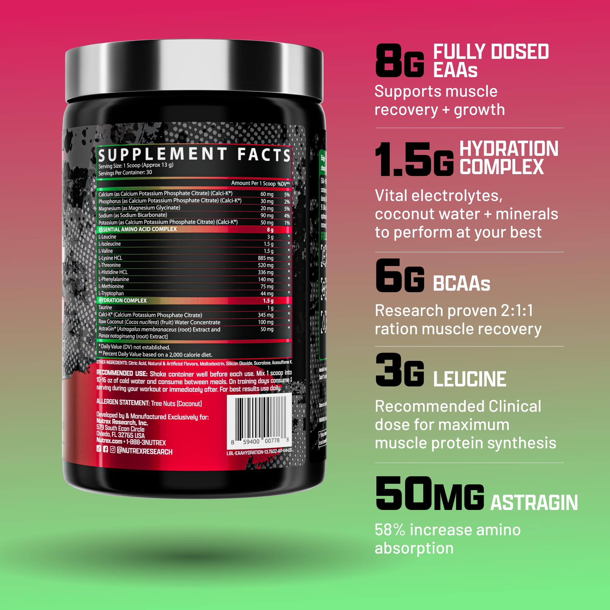 Nutrex Research EAA Hydration, doseur-poudre pour préparer rapidement la boisson.