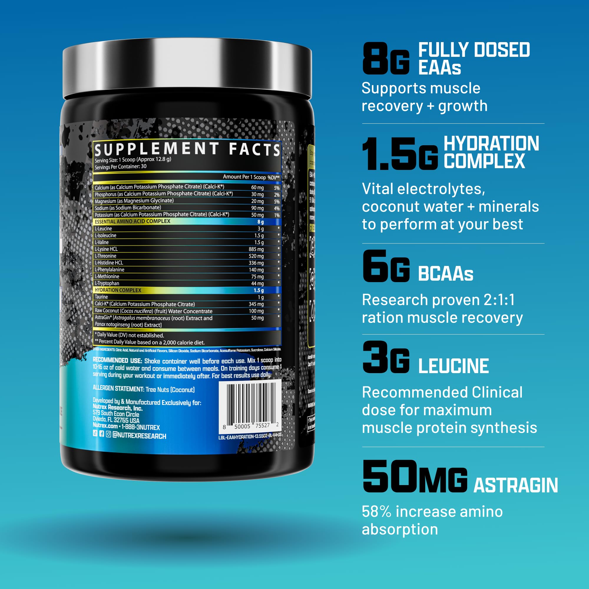 Nutrex Research EAA Hydration - Poudre myrtille citronnade pour récupération pendant l'effort.
