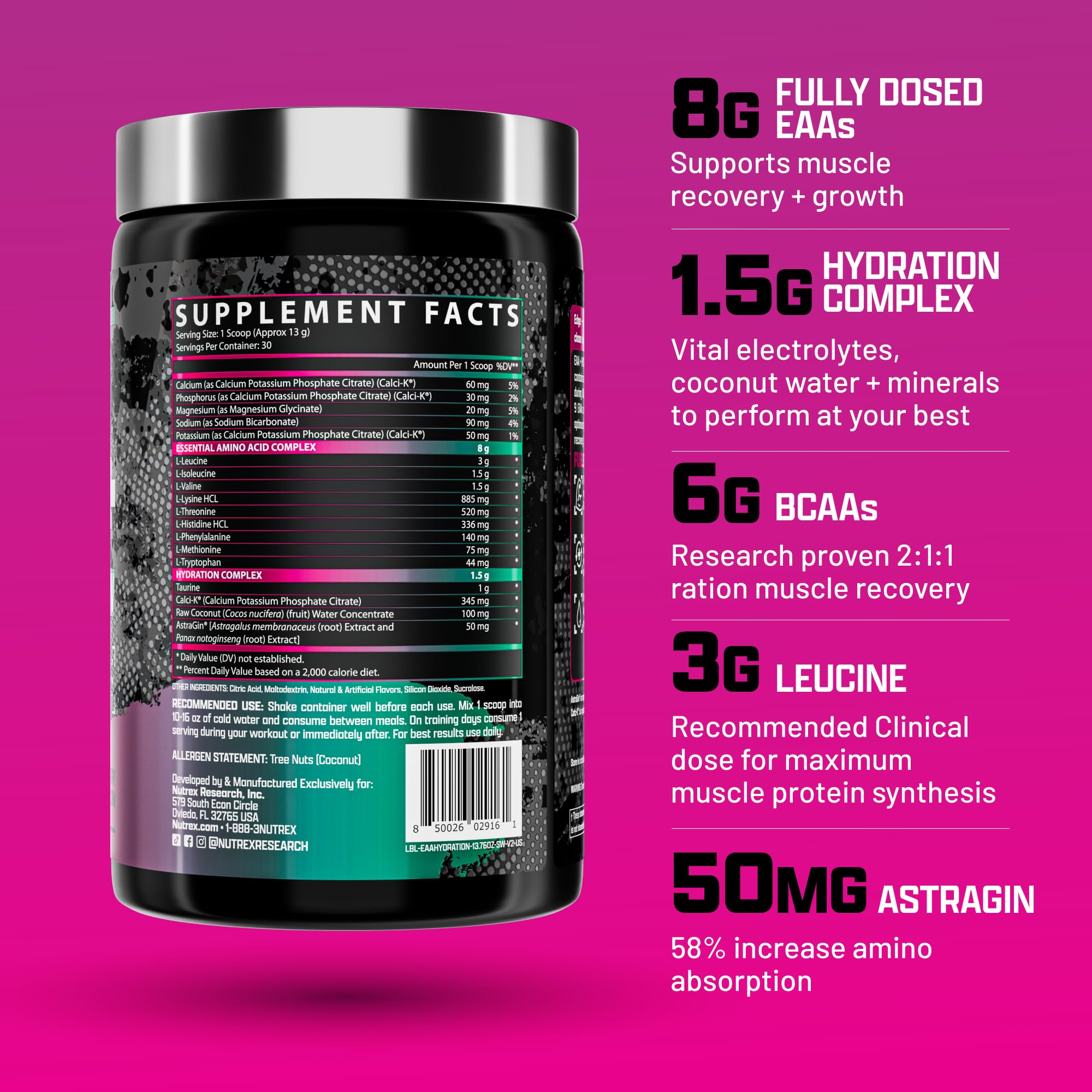 Nutrex Research EAA Hydration: verre avec glaçons montrant une boisson rafraîchissante.