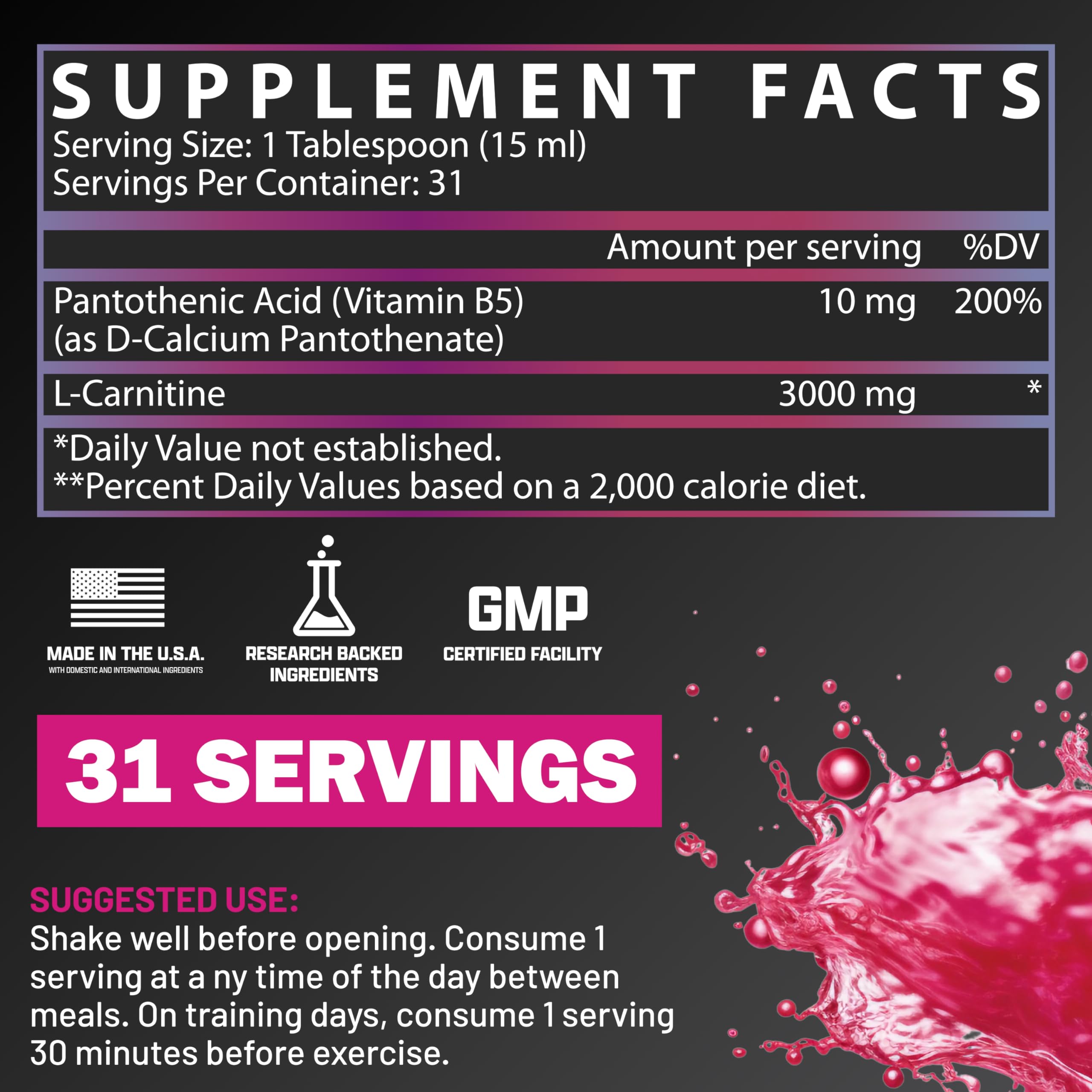 Nutrex Research L-Carnitine 3000 – goutte framboise, absorption rapide pour la récupération