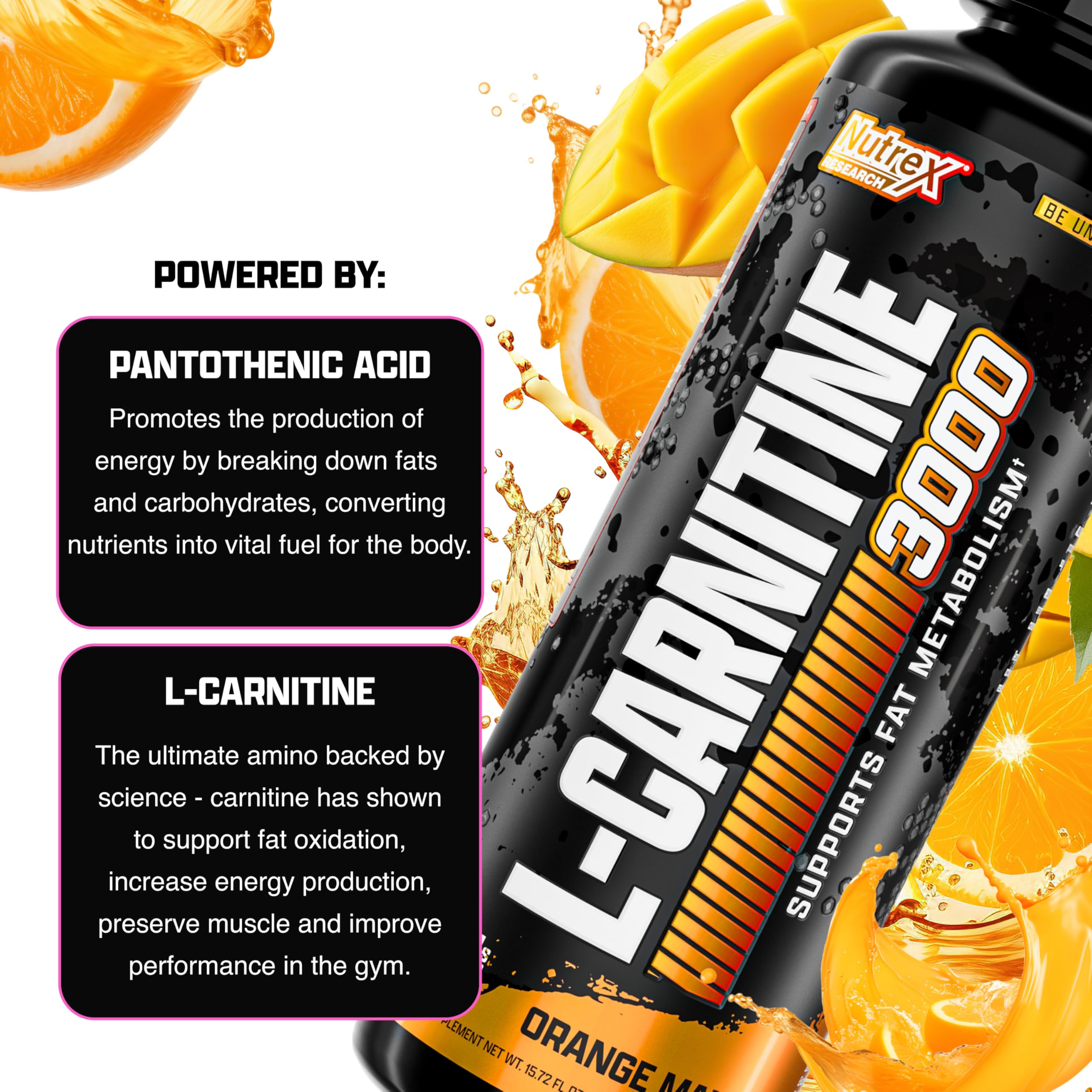 Nutrex Research Liquid Carnitine 3000 – étiquette couleur orange-mango et arôme agréable.