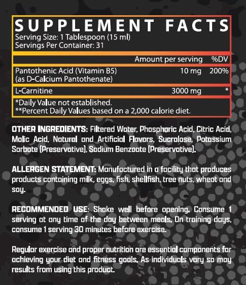 Nutrex Research Liquid Carnitine 3000 – etiquette affichant les informations nutritionnelles.