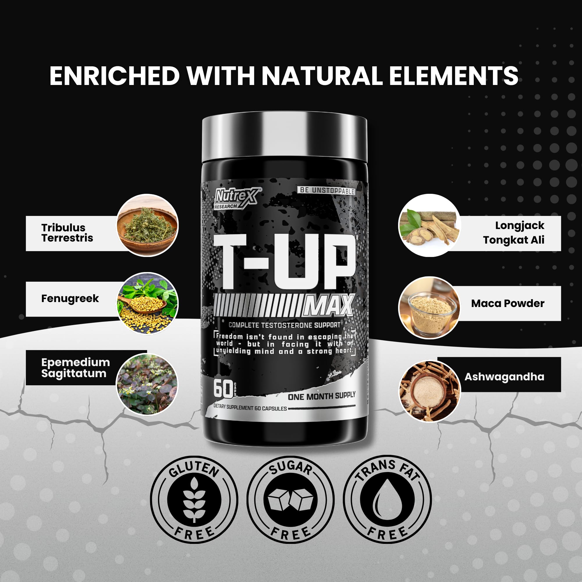 Nutrex Research T-UP, étiquette produit, présentation claire des ingrédients et usages potentiels.