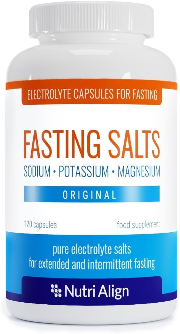 Nutri-Align Fasting Salts : bouteille montrant les capsules d'électrolytes pour le jeûne.
