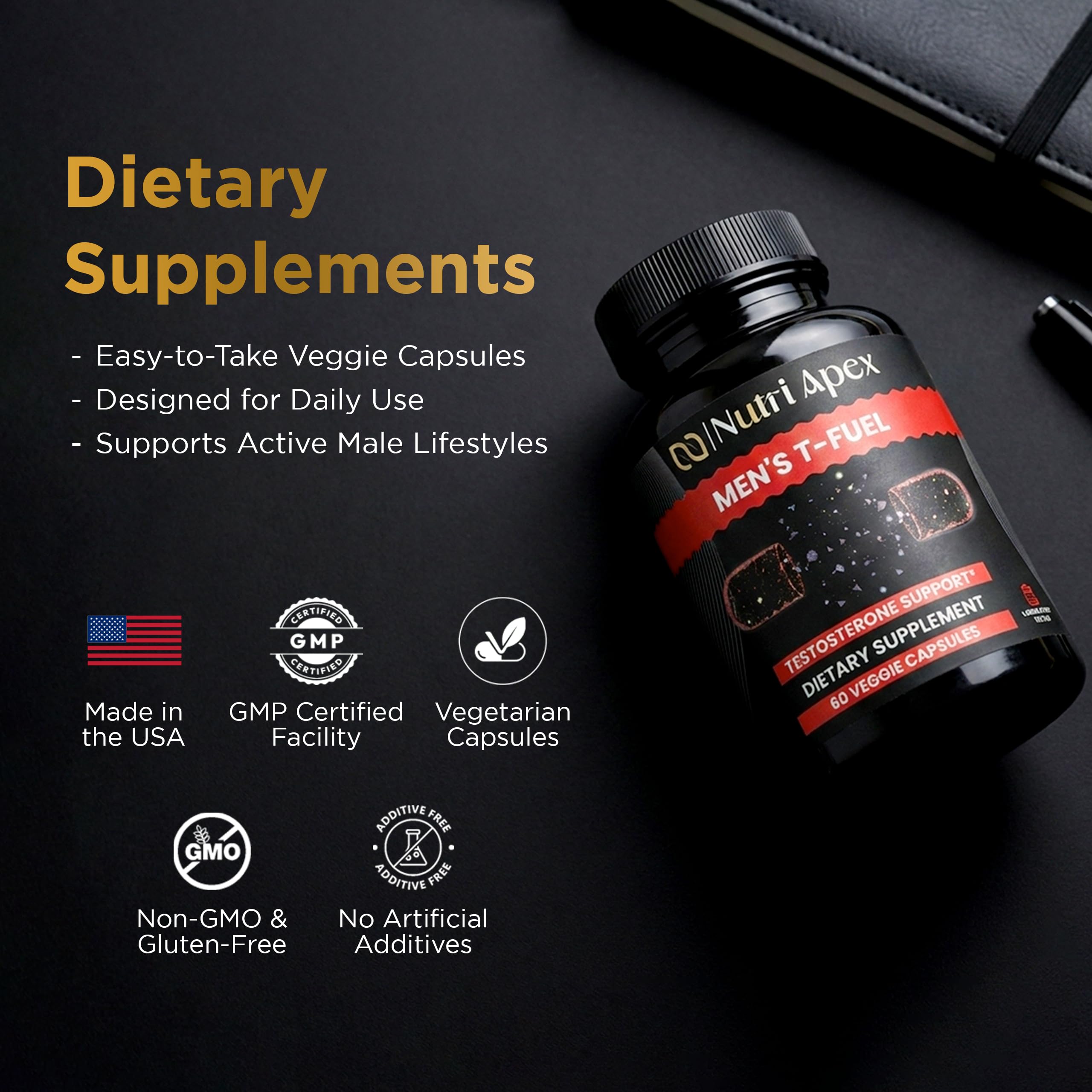 Nutri Apex mélange d’herbes et capsules visibles pour routine quotidienne.