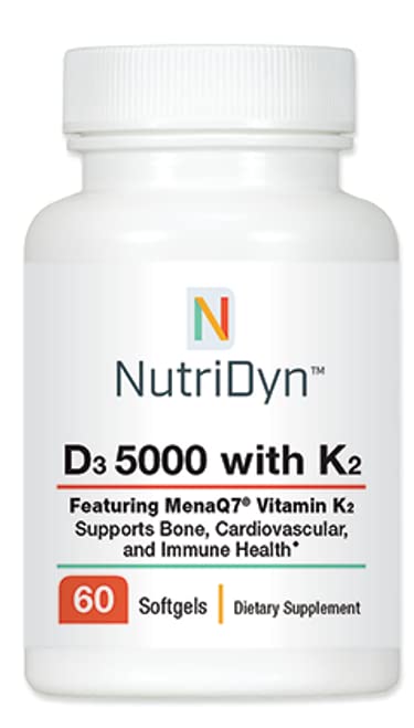 Nutri-Dyn D3 5000 avec K2, bouteille vue, soutien immunitaire potentiel et vitalité osseuse.