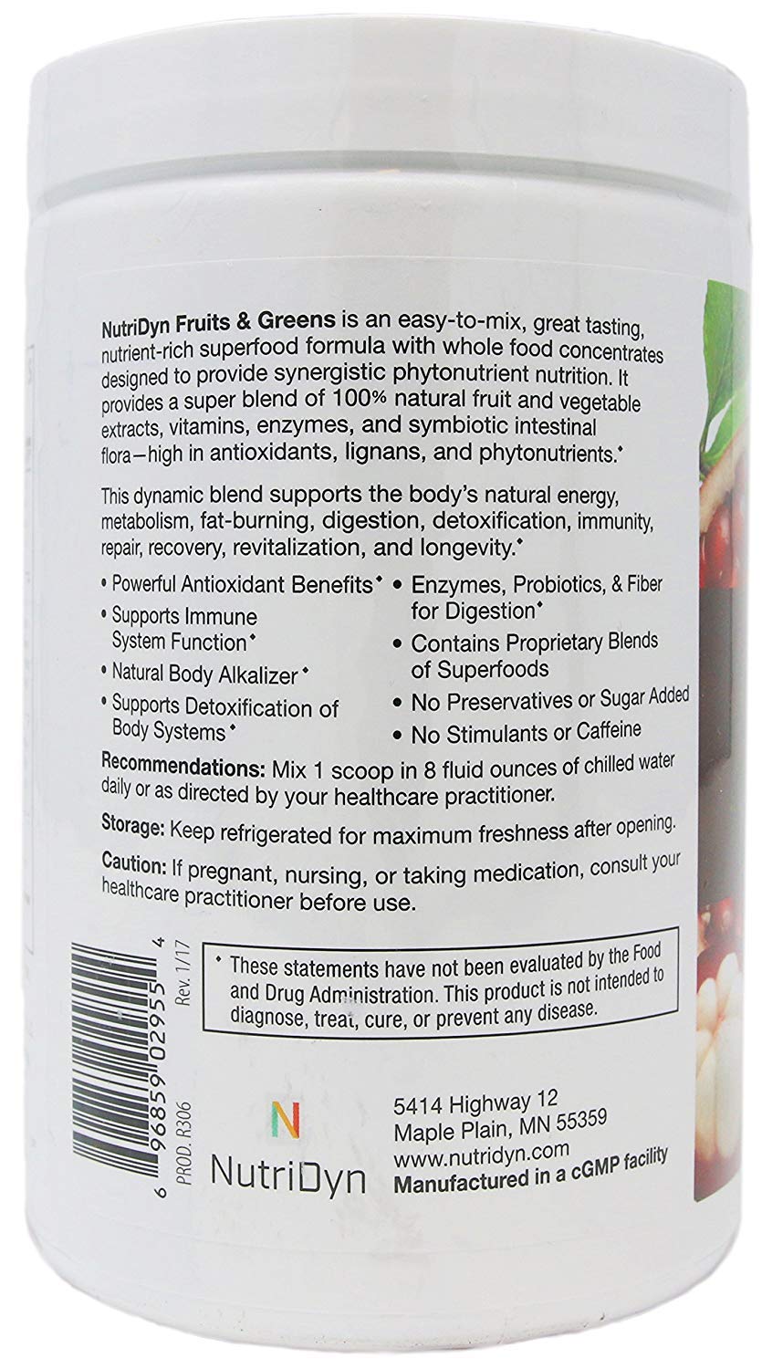 Nutri-Dyn Fruits & Greens, mélange dans un verre, plaisir sain après l'entraînement.
