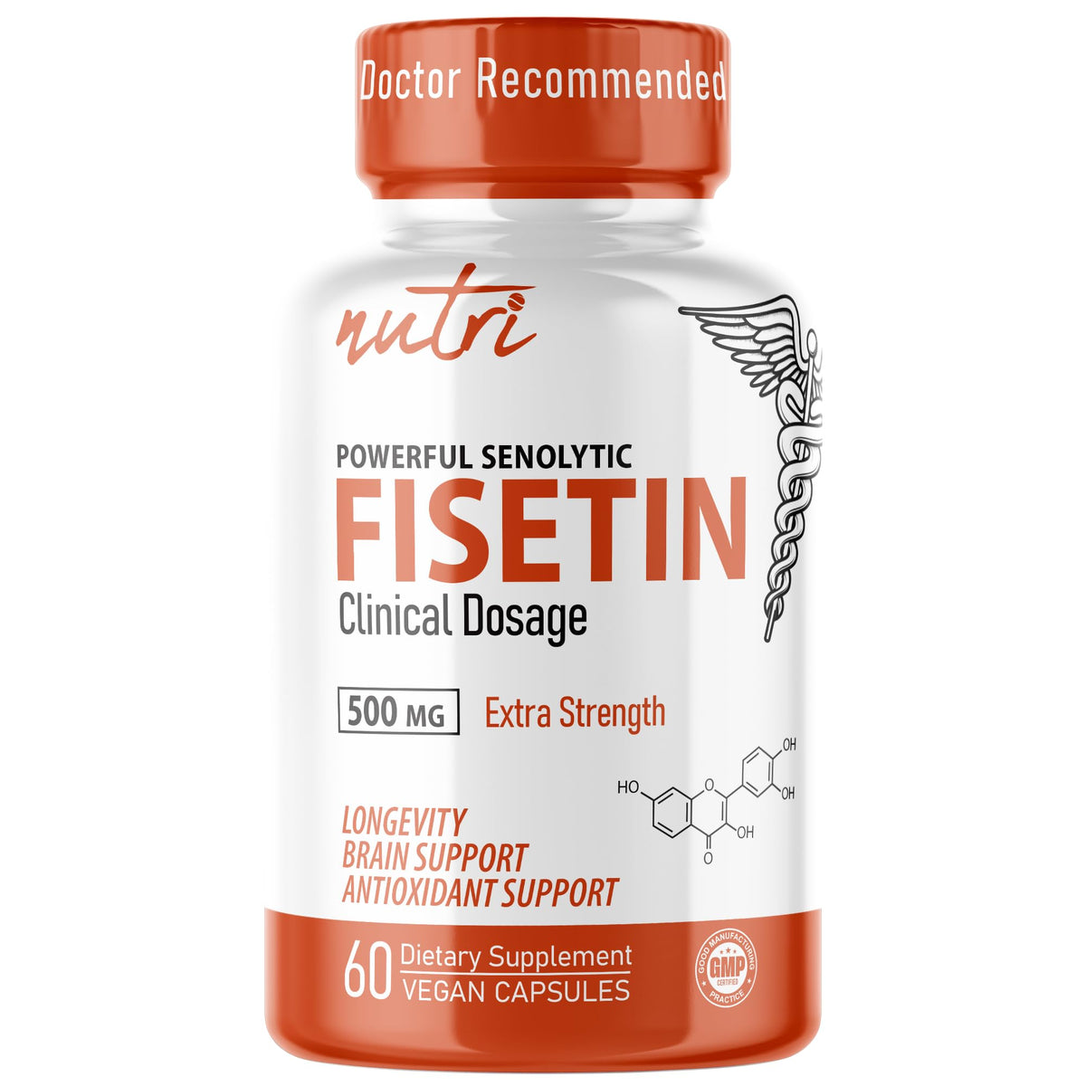 Nutri Fisetin: bouteille et pilules visibles, soutien à la vitalité et à l'antioxydant.