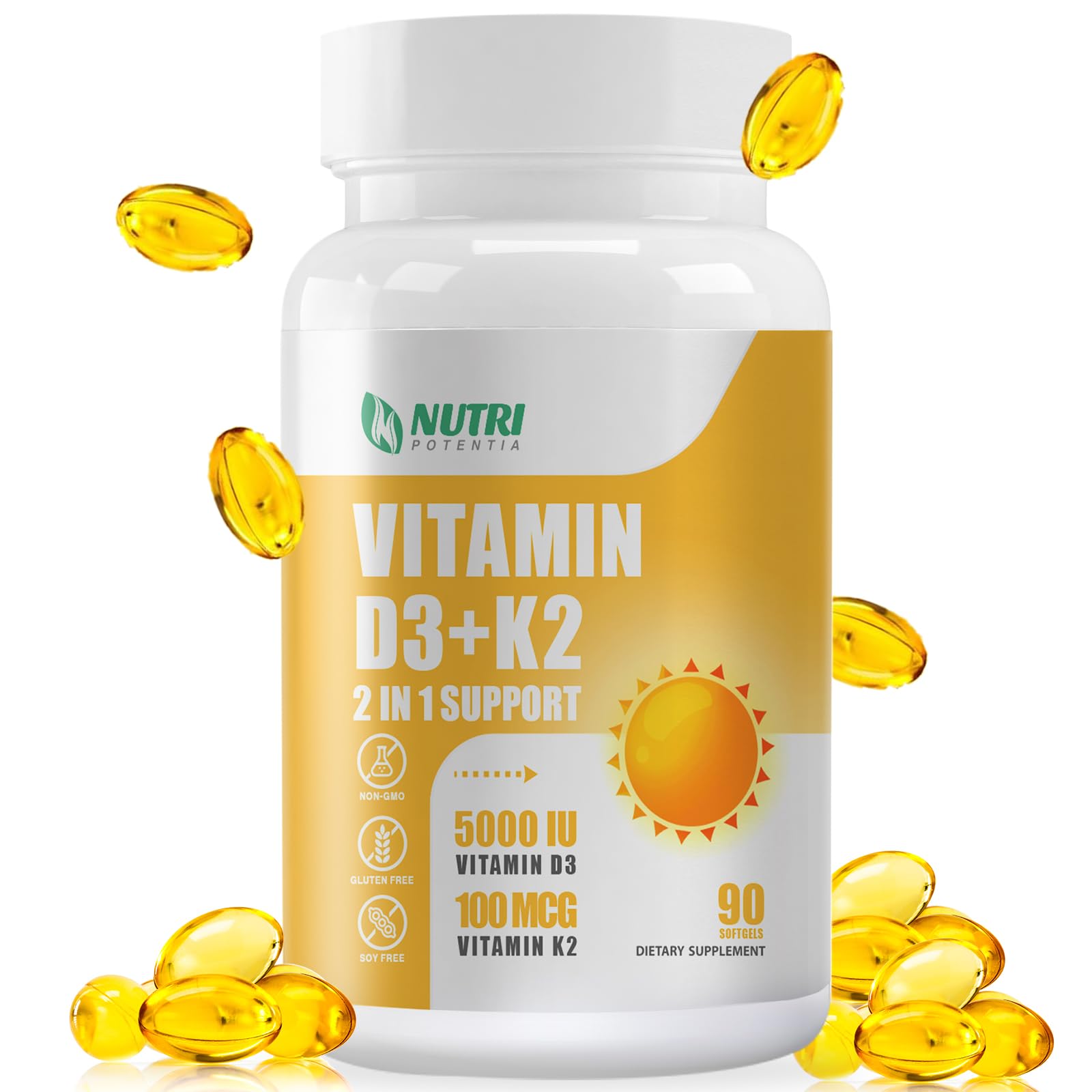 NUTRI POTENTIA D3 K2 – bouteille de gélules faciles à avaler et potentiellement bénéfiques pour les os.