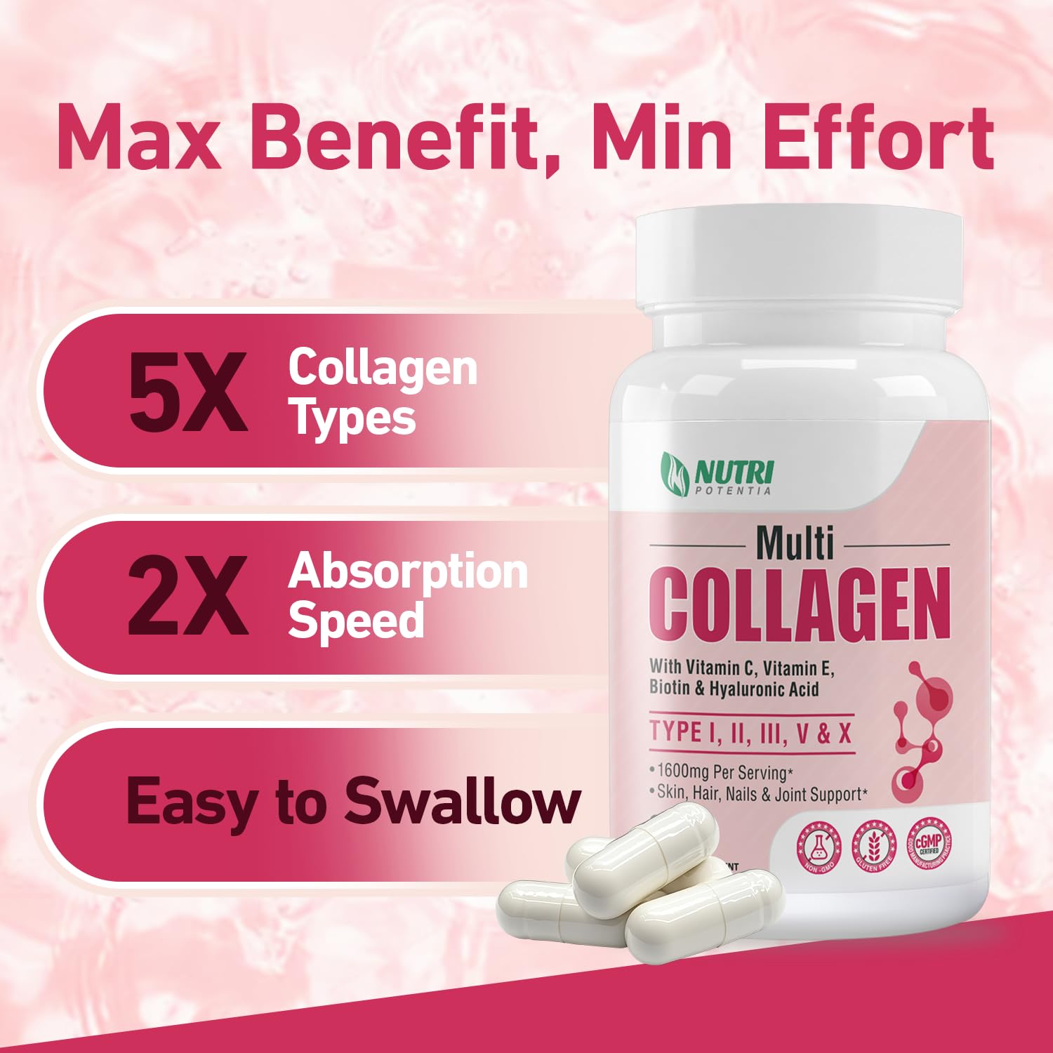 NUTRI POTENTIA Multi Collagen Capsules — capsules avec eau, usage quotidien pratique.
