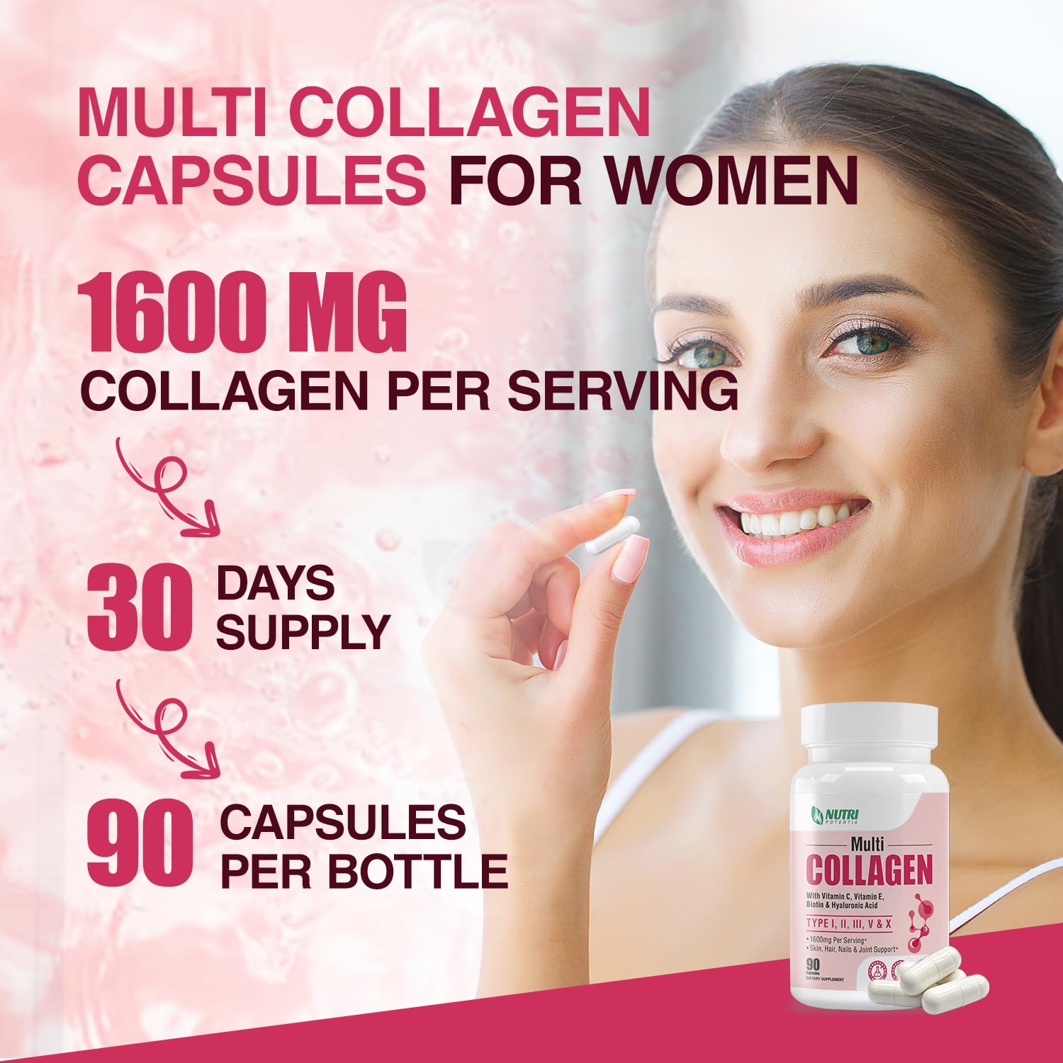 NUTRI POTENTIA Multi Collagen Capsules — utilisation quotidienne pour le support peau et joints.