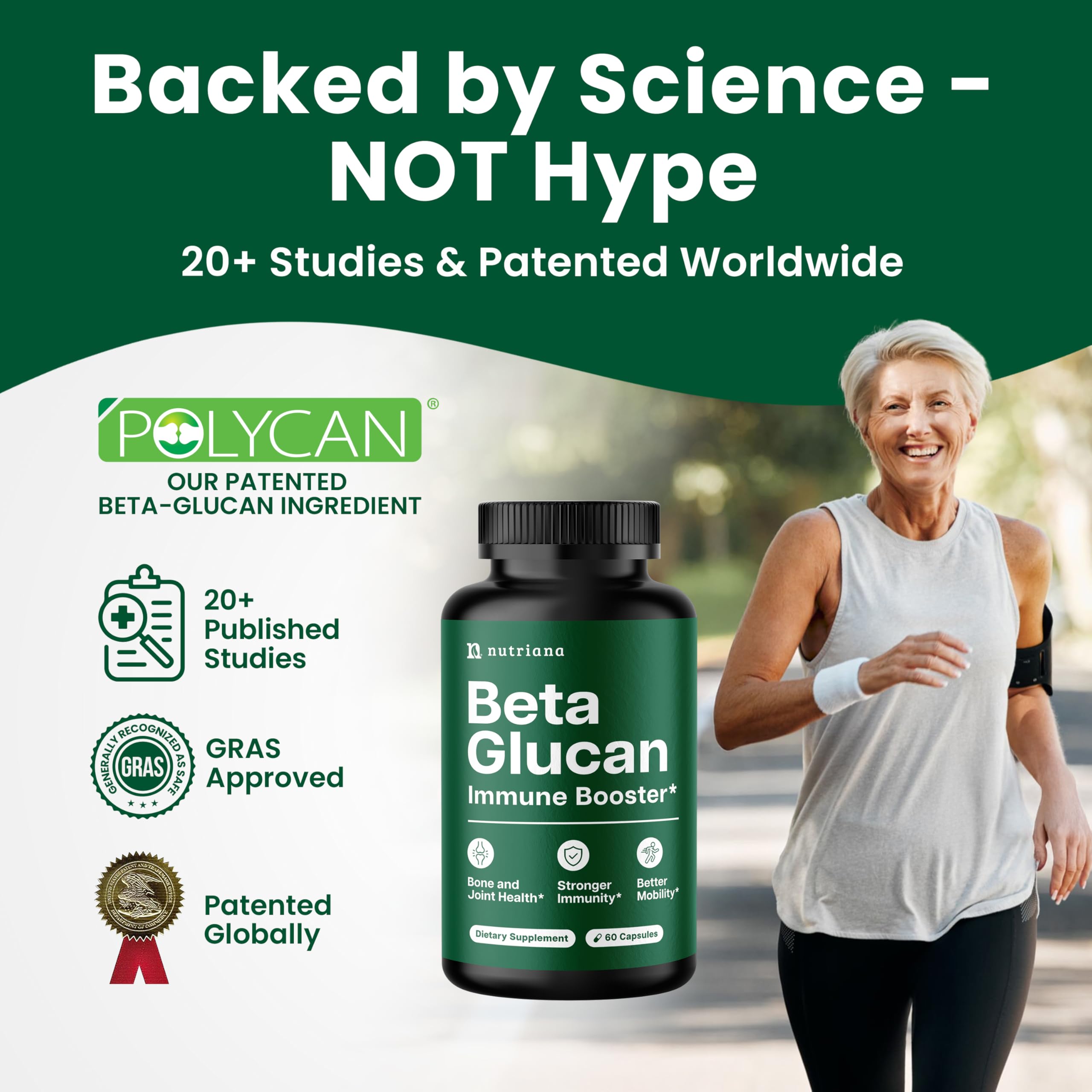 Étiquette Nutriana Beta Glucane indiquant ingrédients et mode d'emploi.