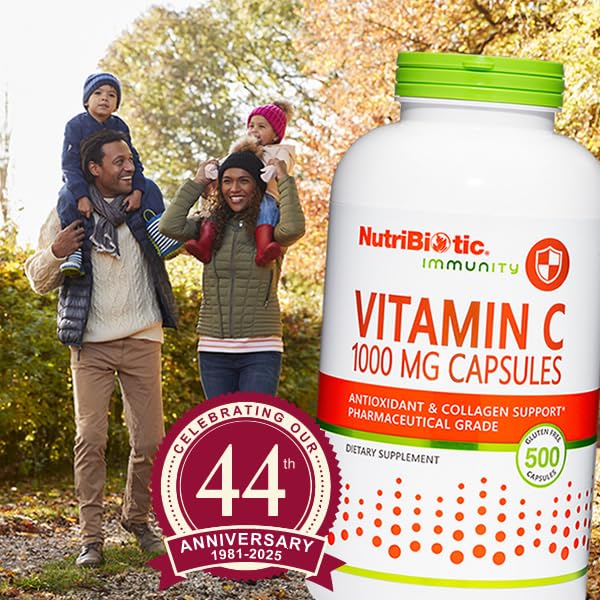 NutriBiotic vitamine C 1000 mg – étiquette lisible avec informations claires et sans gluten ni OGM.