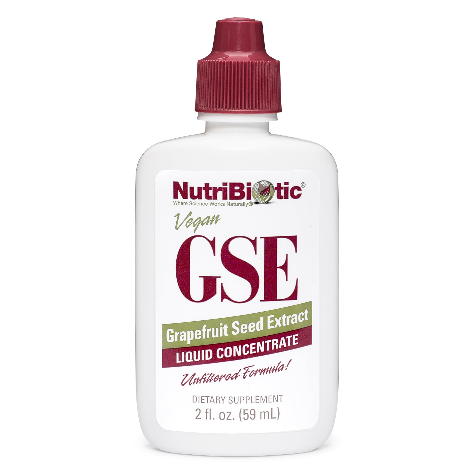 NutriBiotic GSE, bouteille 2 oz, format pratique pour usage quotidien.