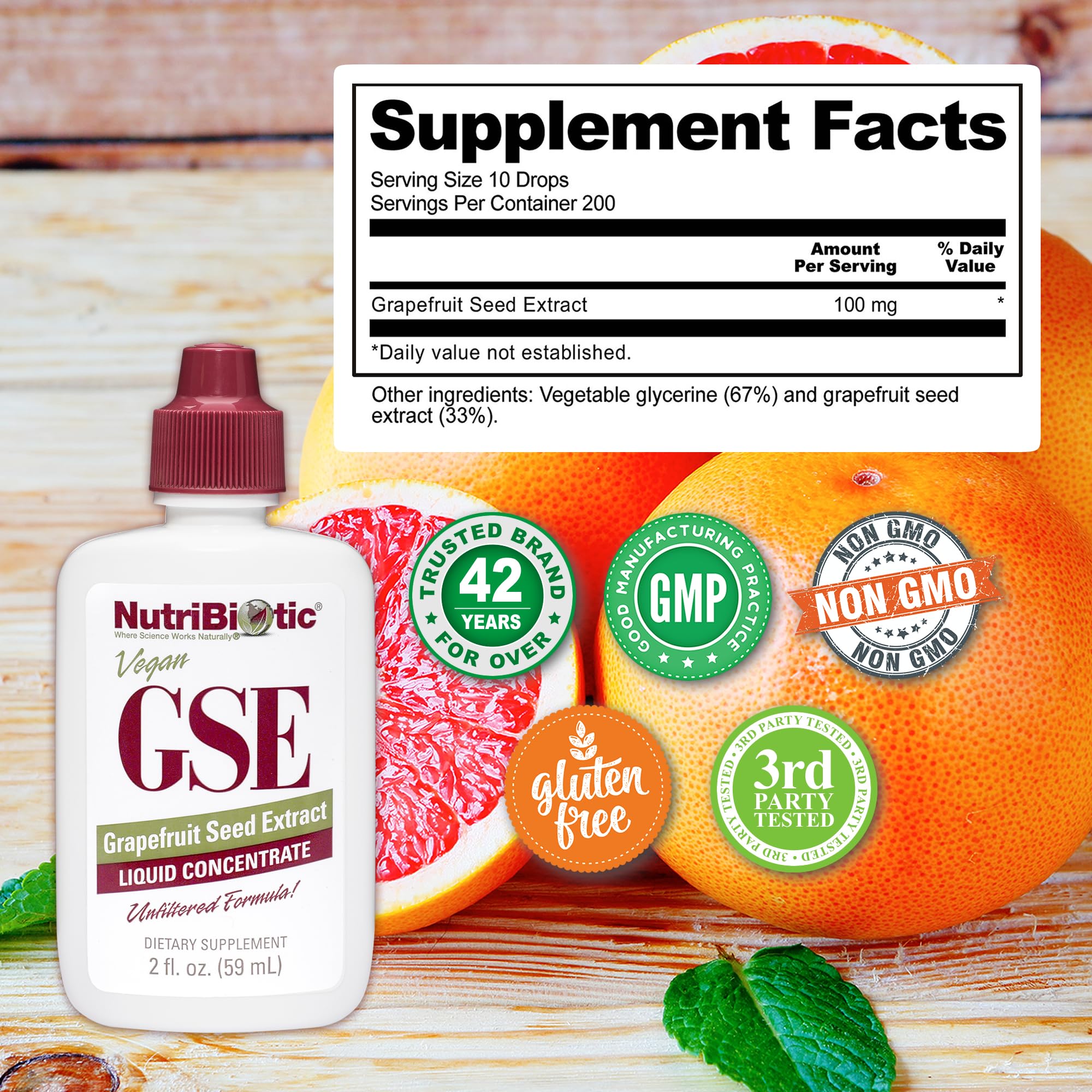 NutriBiotic GSE, sans OGM ni additifs artificiels.