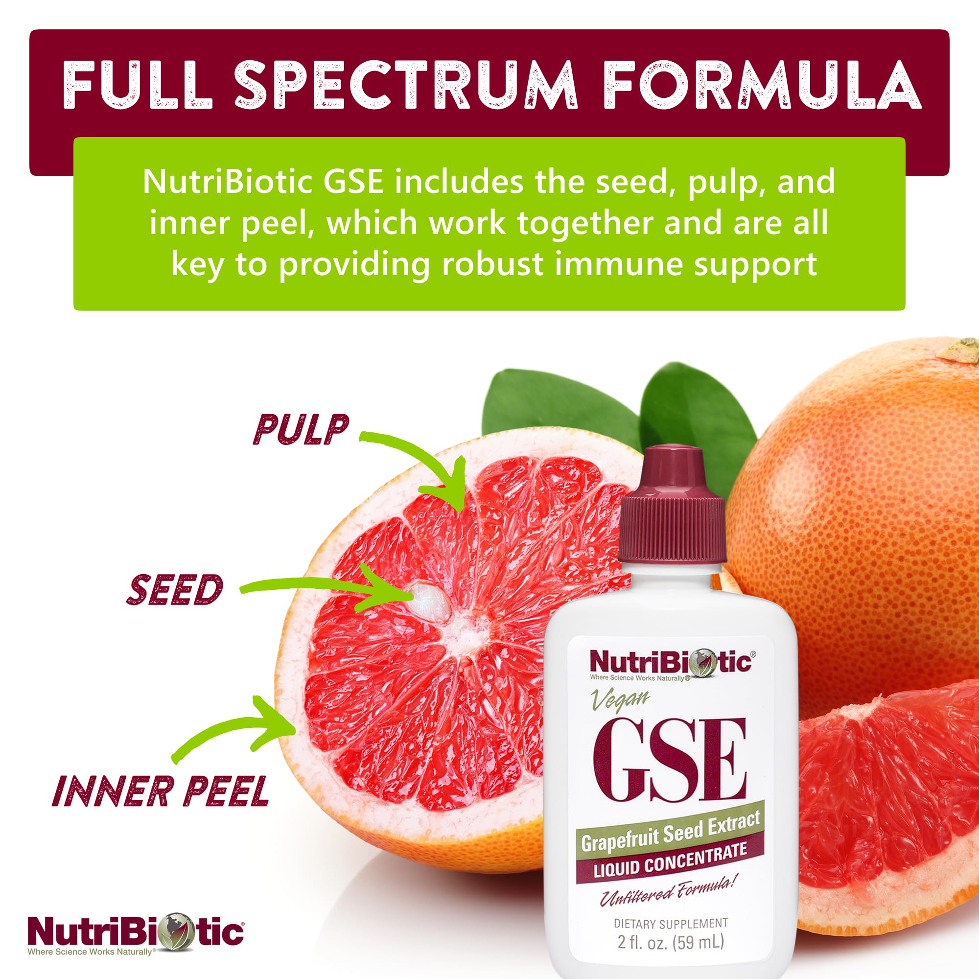 NutriBiotic GSE, vegan et sans allergènes courants.