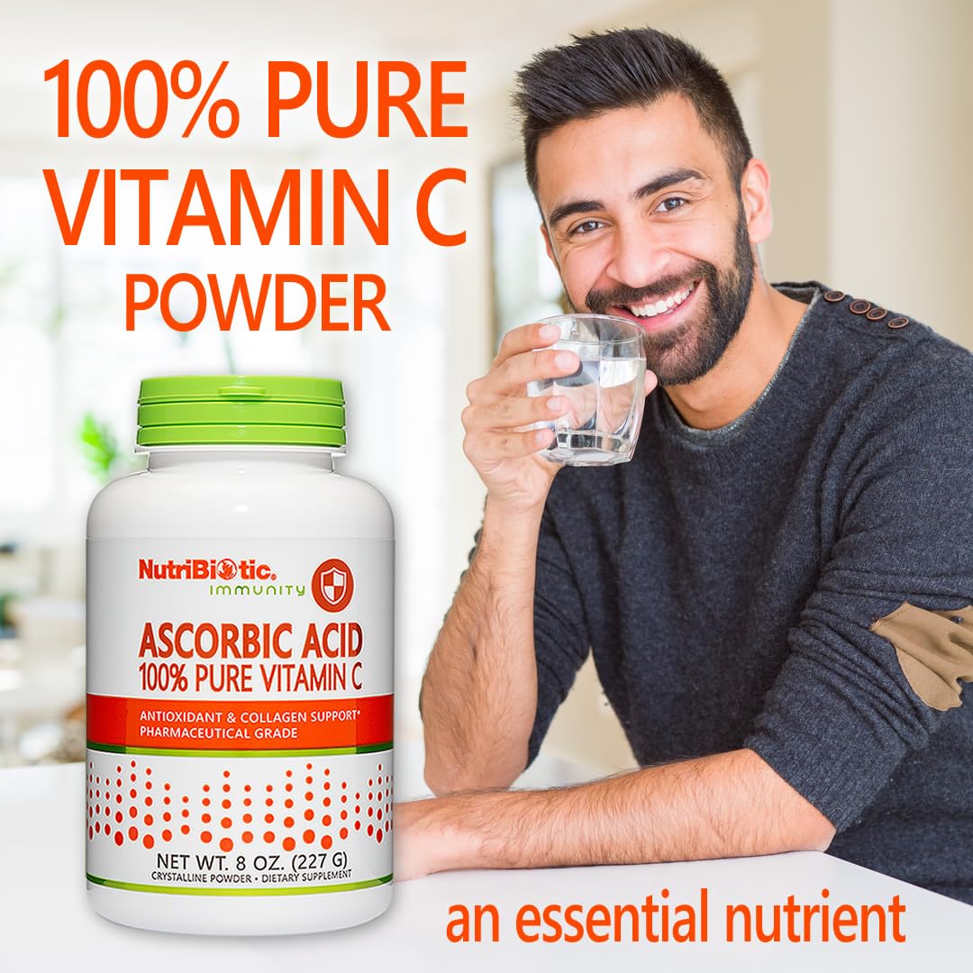 NutriBiotic poudre ascróbique etiquette claire indiquant ingrédients et usages potentiels