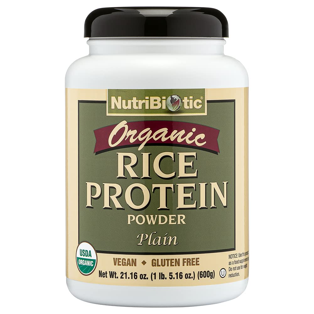 NutriBiotic protéine de riz biologique en poudre, pot clair et énergie naturelle.