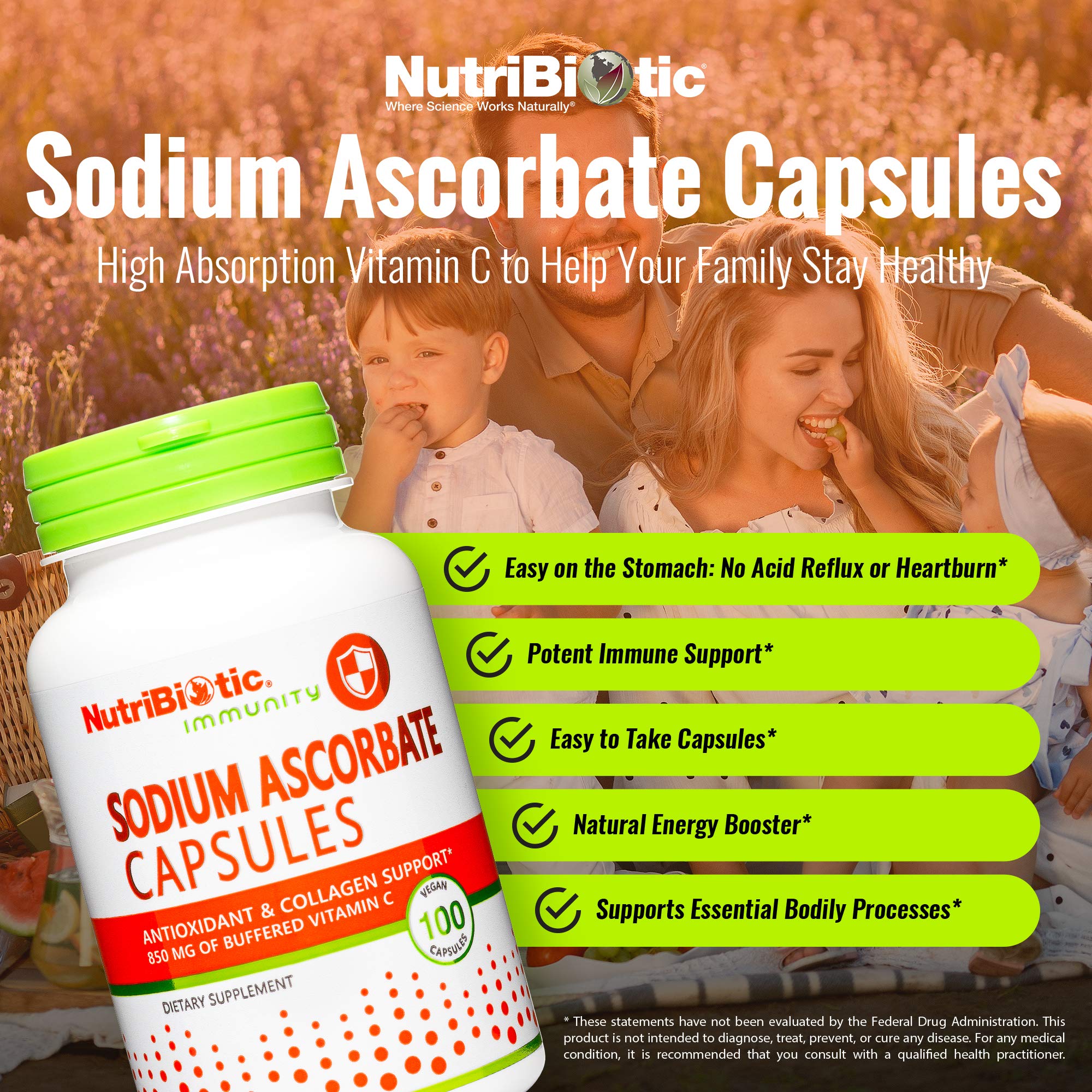 NutriBiotic Sodium Ascorbate Capsules étiquette: informations claires pour un dosage pratique.