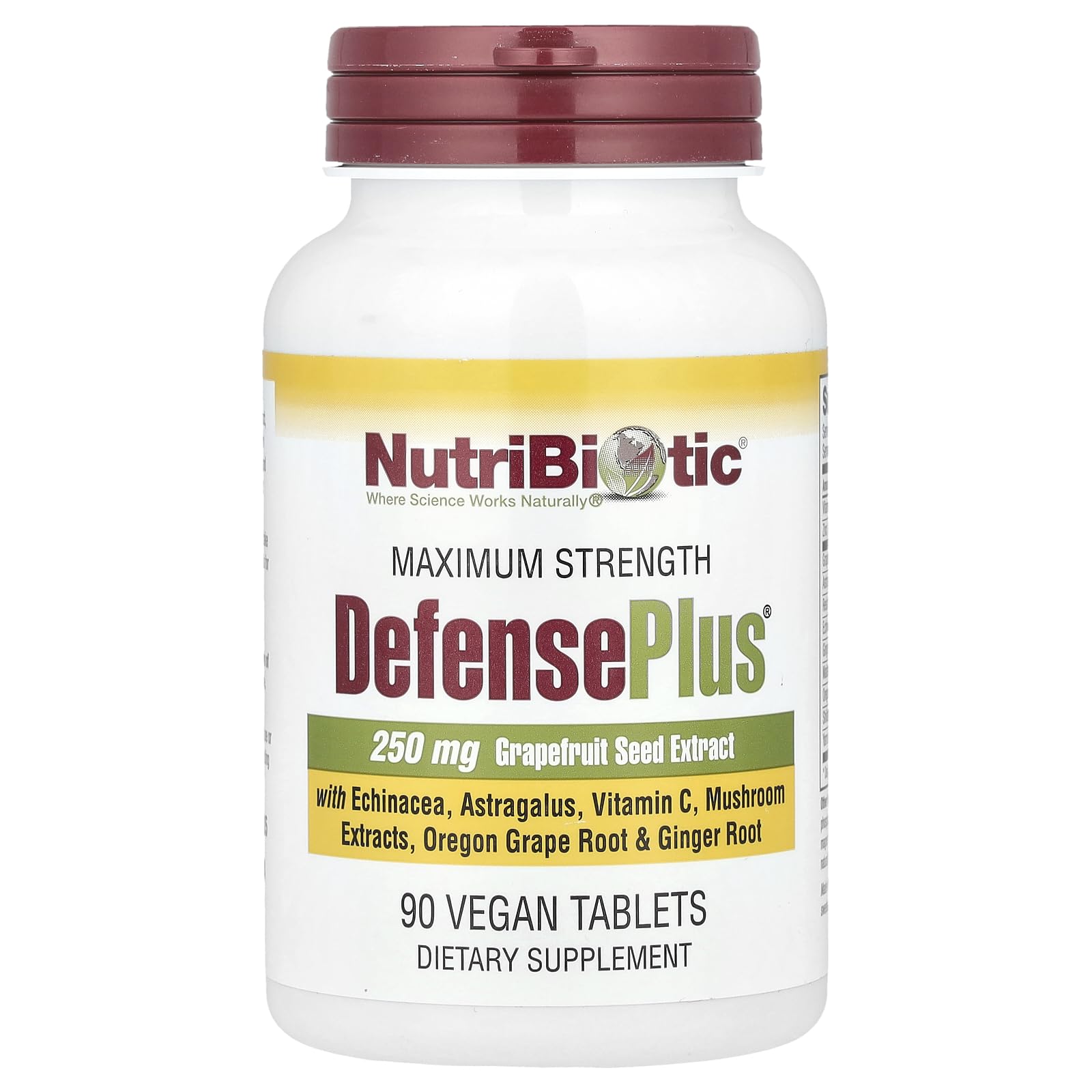 NutriBiotic Defense Plus 90 tablettes dans leur boîte, complément quotidien pratique.