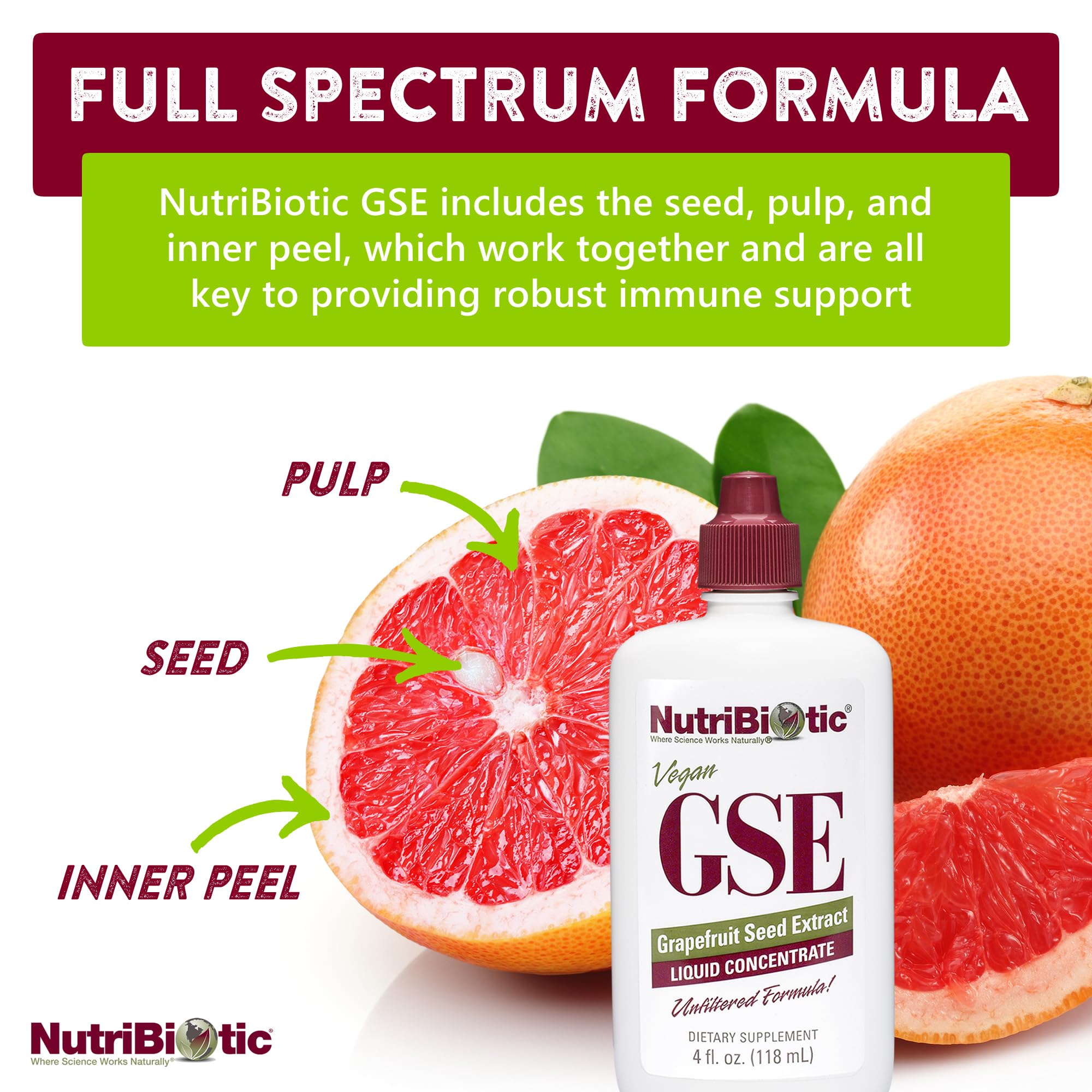 NutriBiotic GSE bouchon doseur pratique, facilité d’utilisation et contrôle du dosage.