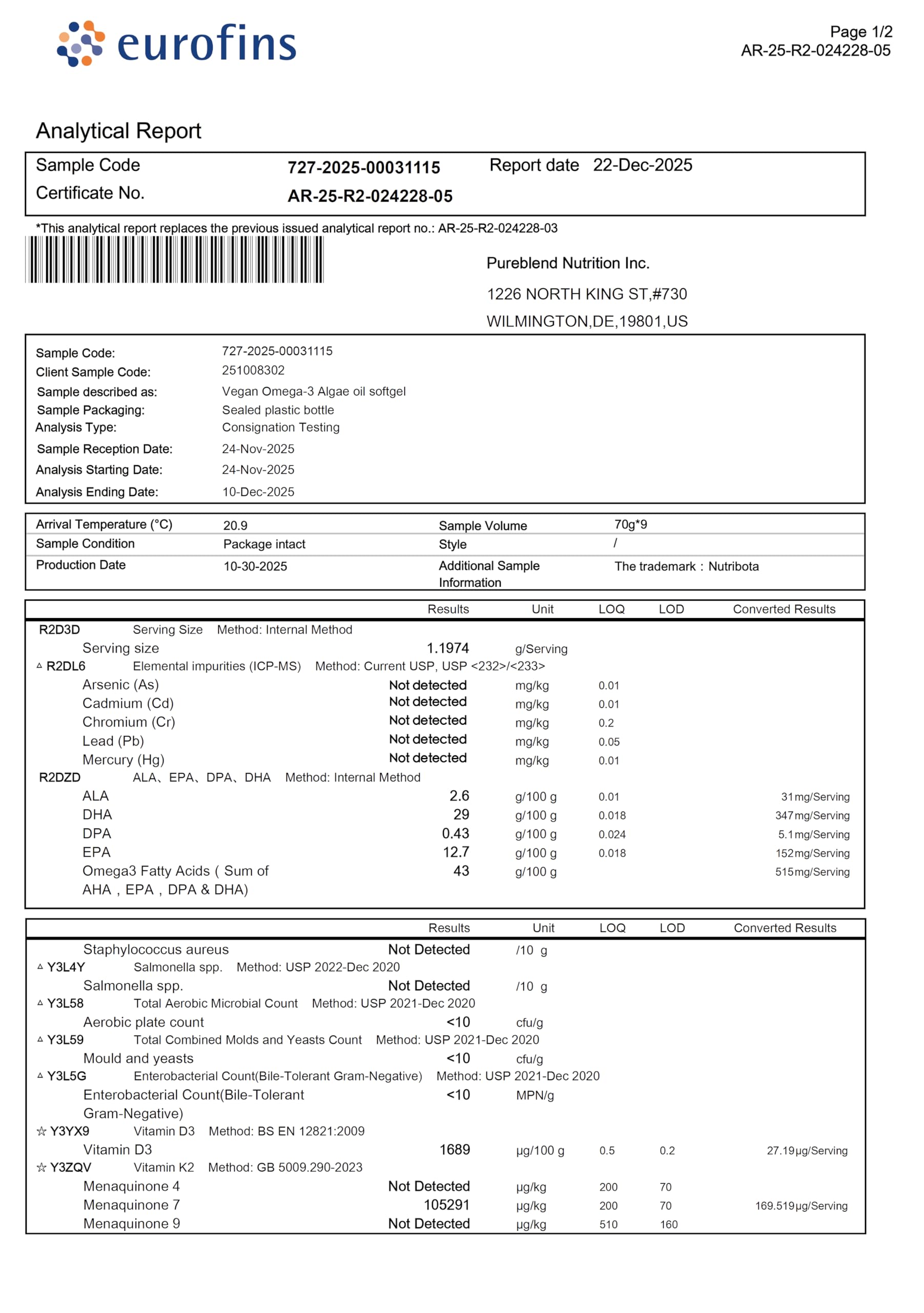 Étiquette Nutribota Omega 3 végan – information claire et source algale pure.