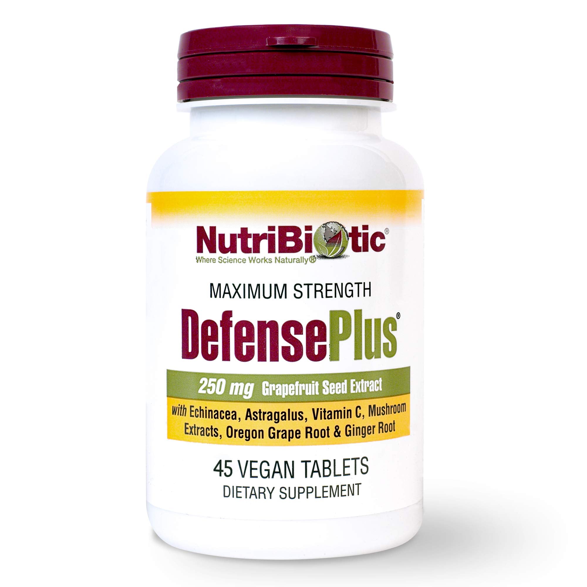 NutriBiotic DefensePlus: bouteille et comprimés, soutien immunitaire pratique au quotidien.